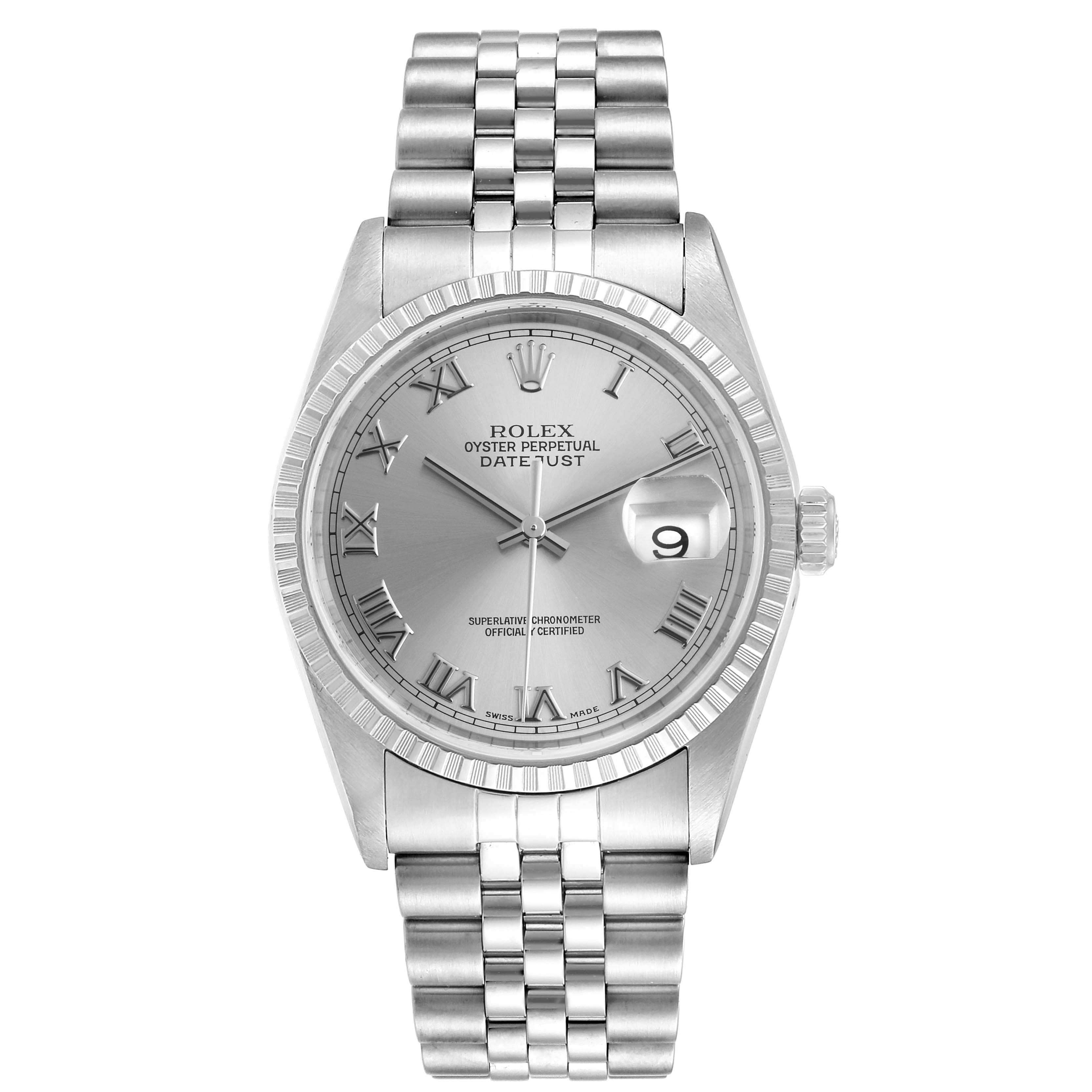 This image shows a Rolex Datejust 16220 Men's Stainless Steel Silver Dial 16220 Men's Stainless Steel Silver Dial watch from the front, displaying its face, bezel, and bracelet.