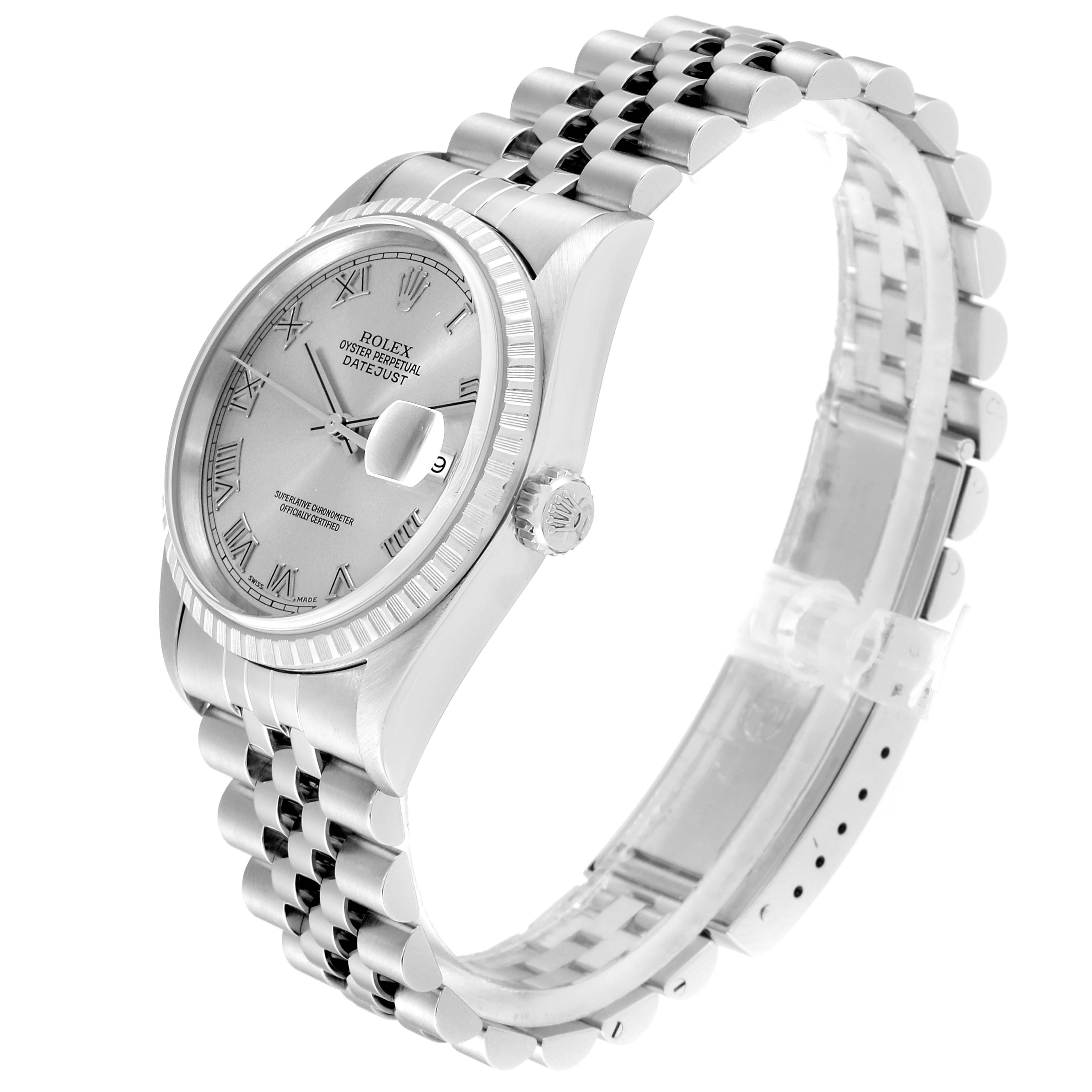 The image shows a Rolex Datejust 16220 Men's Stainless Steel Silver Dial 16220 Men's Stainless Steel Silver Dial watch from a side angle, highlighting the dial, bezel, crown, and bracelet.