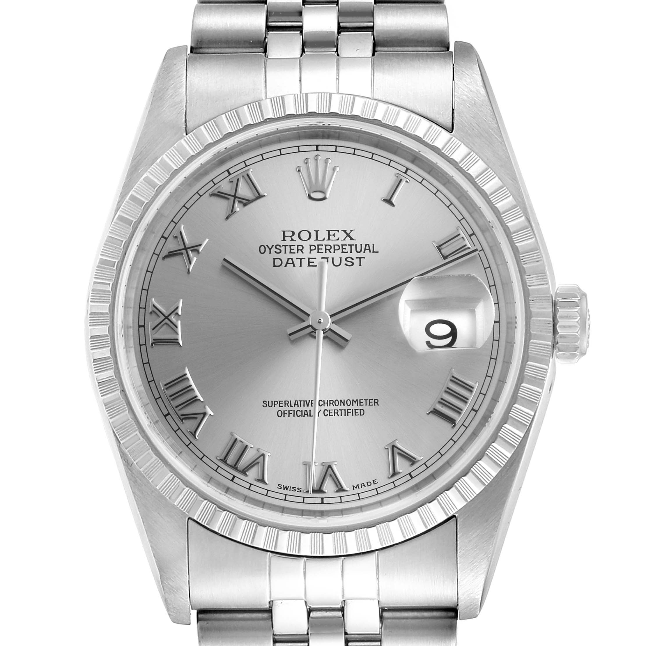 This image shows the front view of the Rolex Datejust 16220 Men's Stainless Steel Silver Dial 16220 Men's Stainless Steel Silver Dial watch, displaying the dial, bezel, hands, and part of the bracelet.