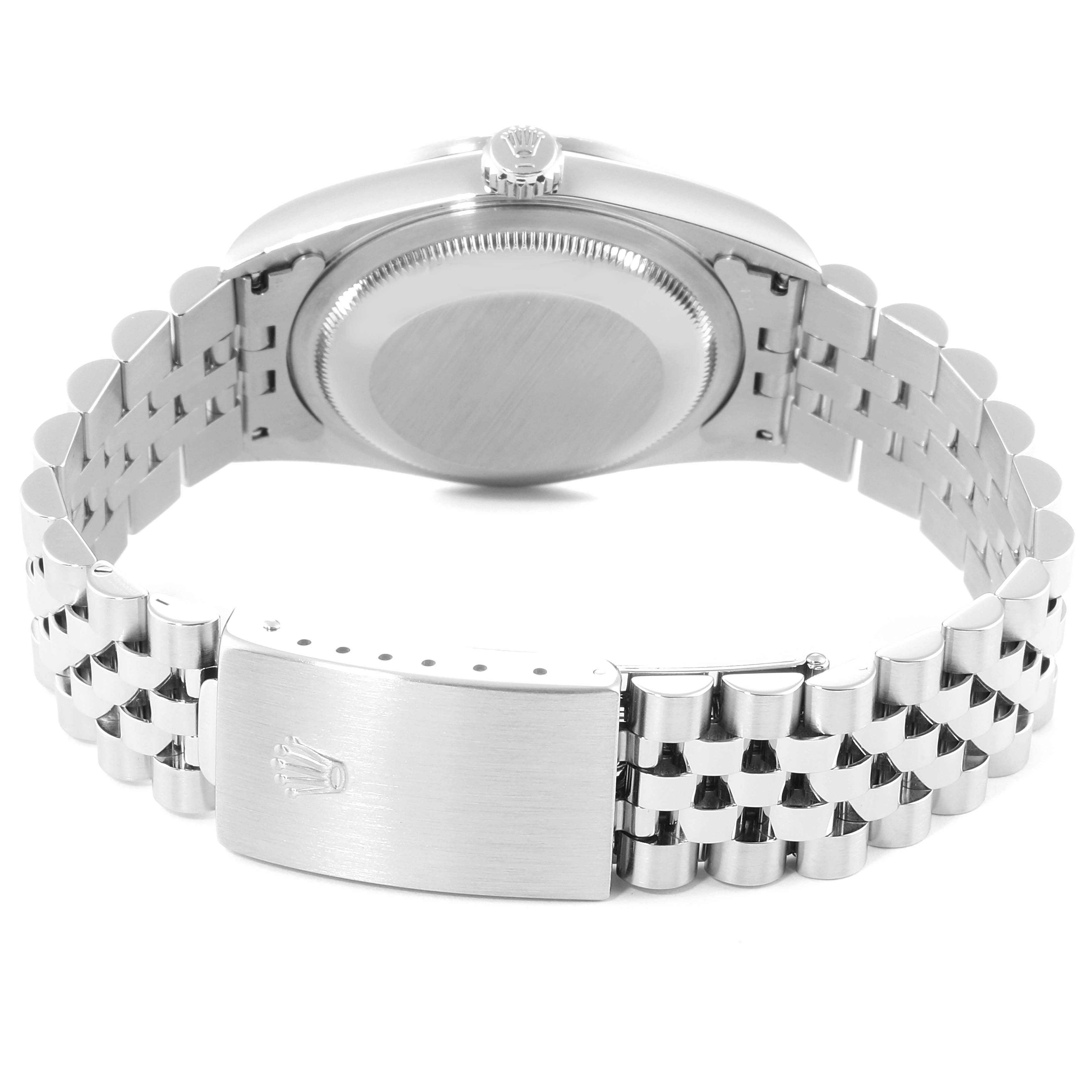 This image shows the back side and bracelet of a Rolex Datejust 16220 Men's Stainless Steel Silver Dial 16220 Men's Stainless Steel Silver Dial watch, highlighting the case back and clasp.