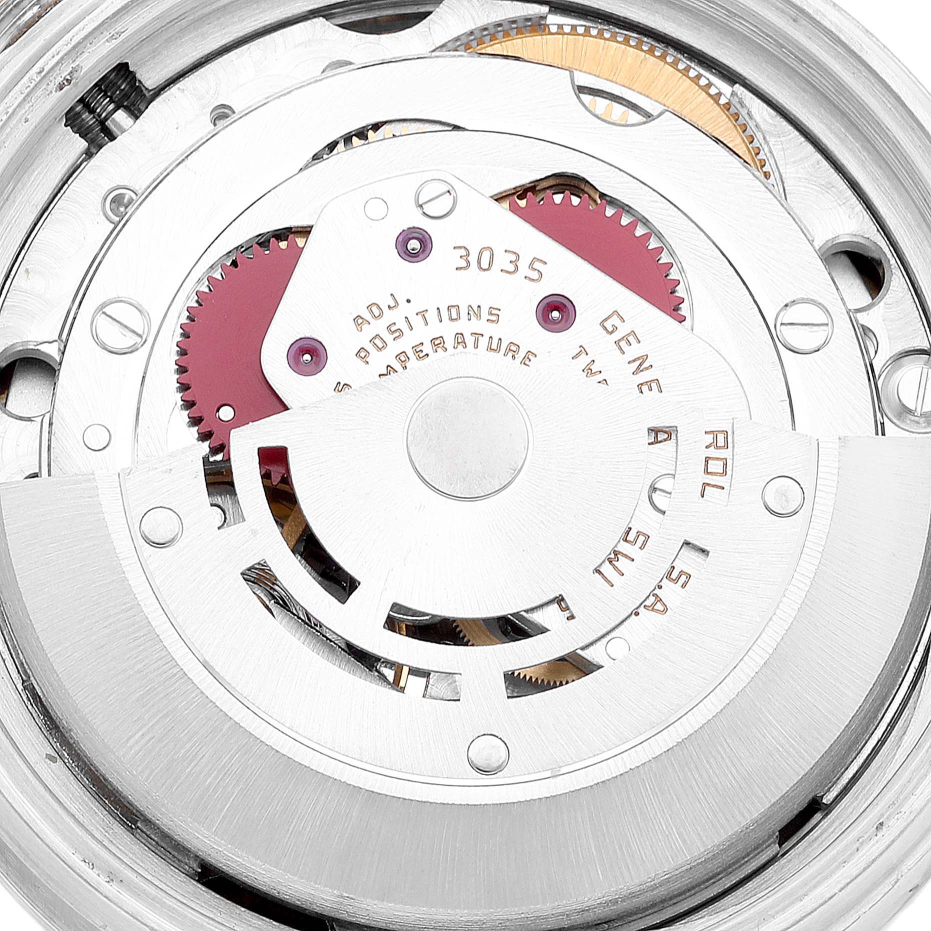 The image shows a close-up view of the movement mechanism of the Rolex Vintage Collection 16030 Men's Stainless Steel Silver Dial 16030 Men's Stainless Steel Silver Dial model 3035.