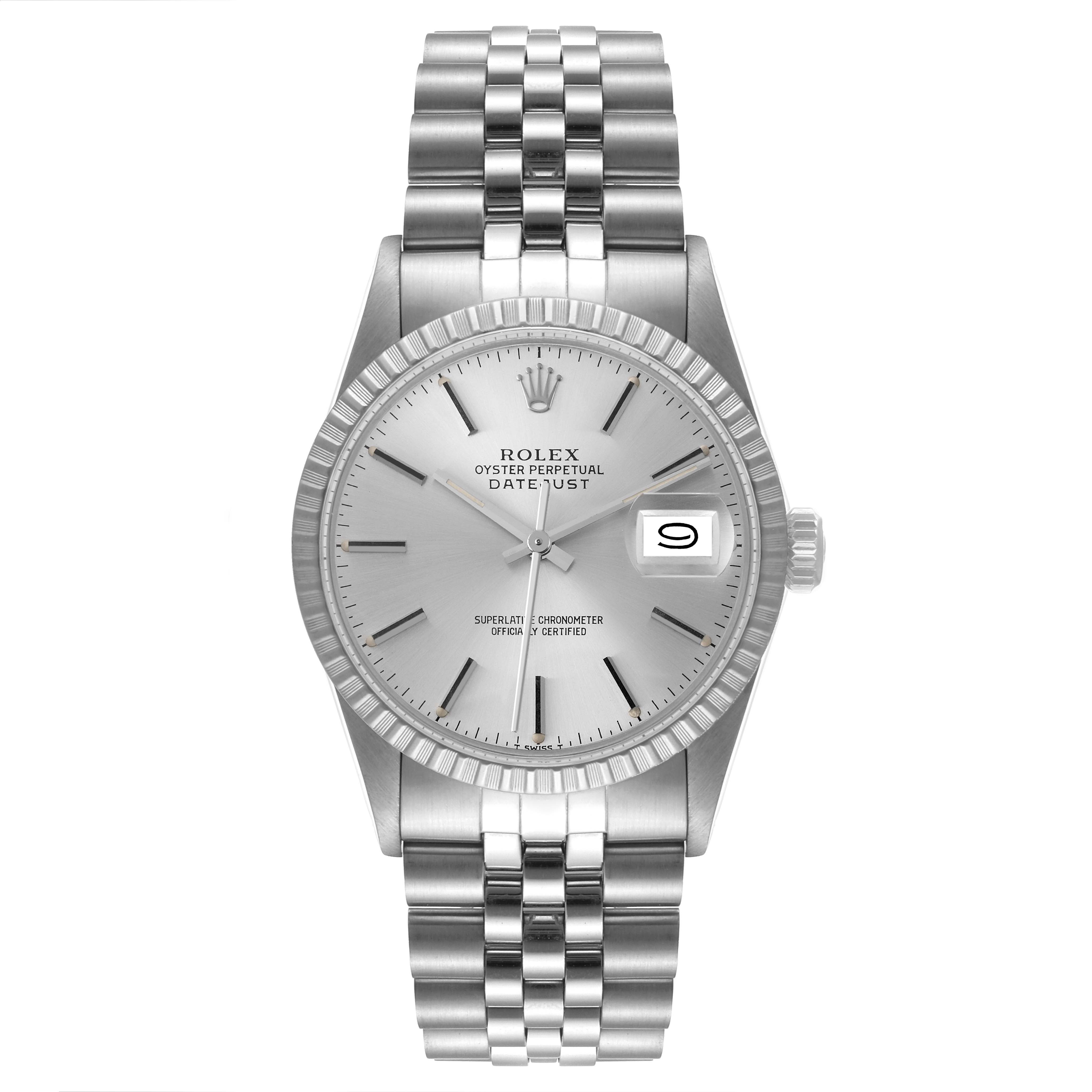The image shows a front view of the Rolex Vintage Collection 16030 Men's Stainless Steel Silver Dial 16030 Men's Stainless Steel Silver Dial Oyster Perpetual Datejust watch.