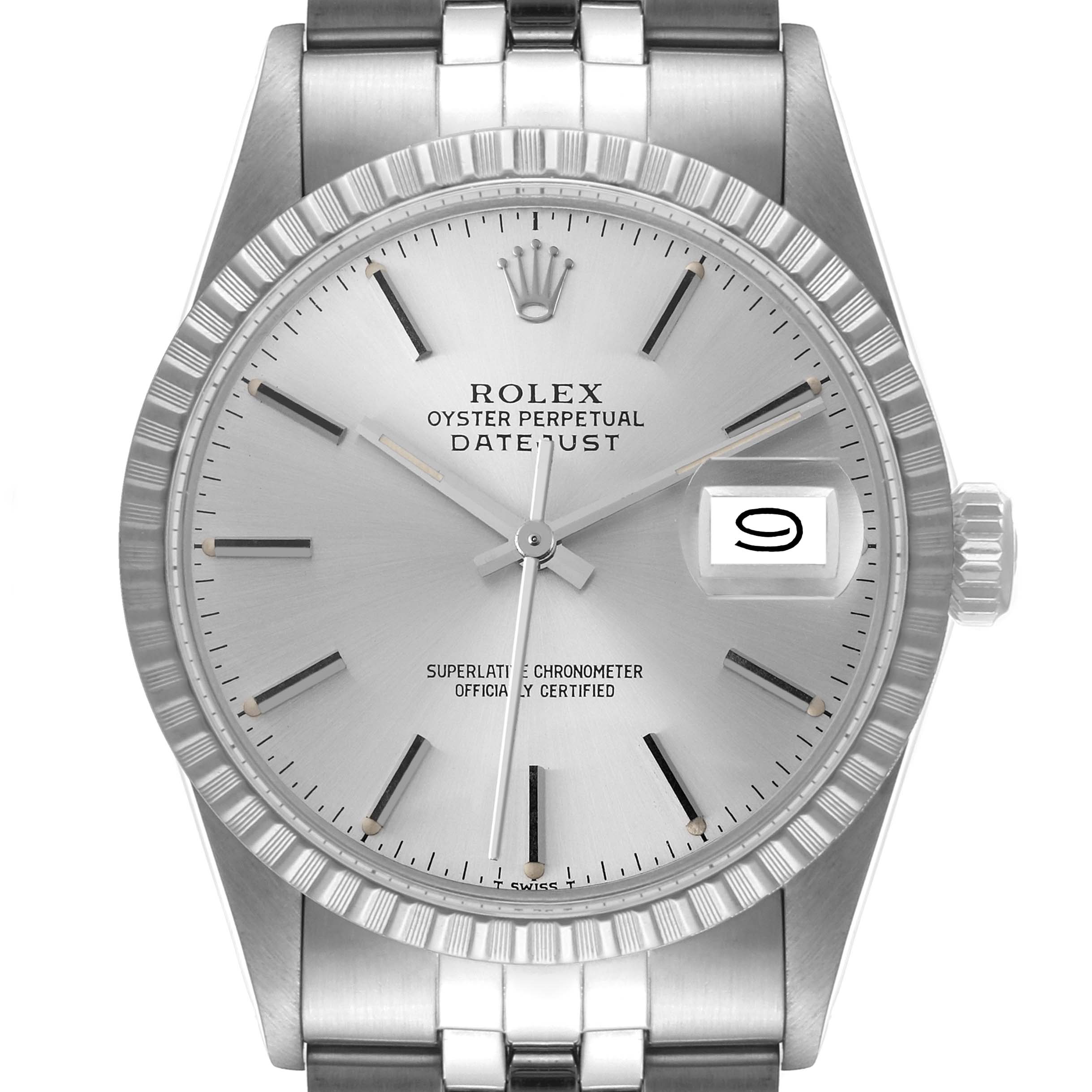 This image shows the front view of the Rolex Vintage Collection 16030 Men's Stainless Steel Silver Dial 16030 Men's Stainless Steel Silver Dial Oyster Perpetual Datejust watch, highlighting its face and bezel.