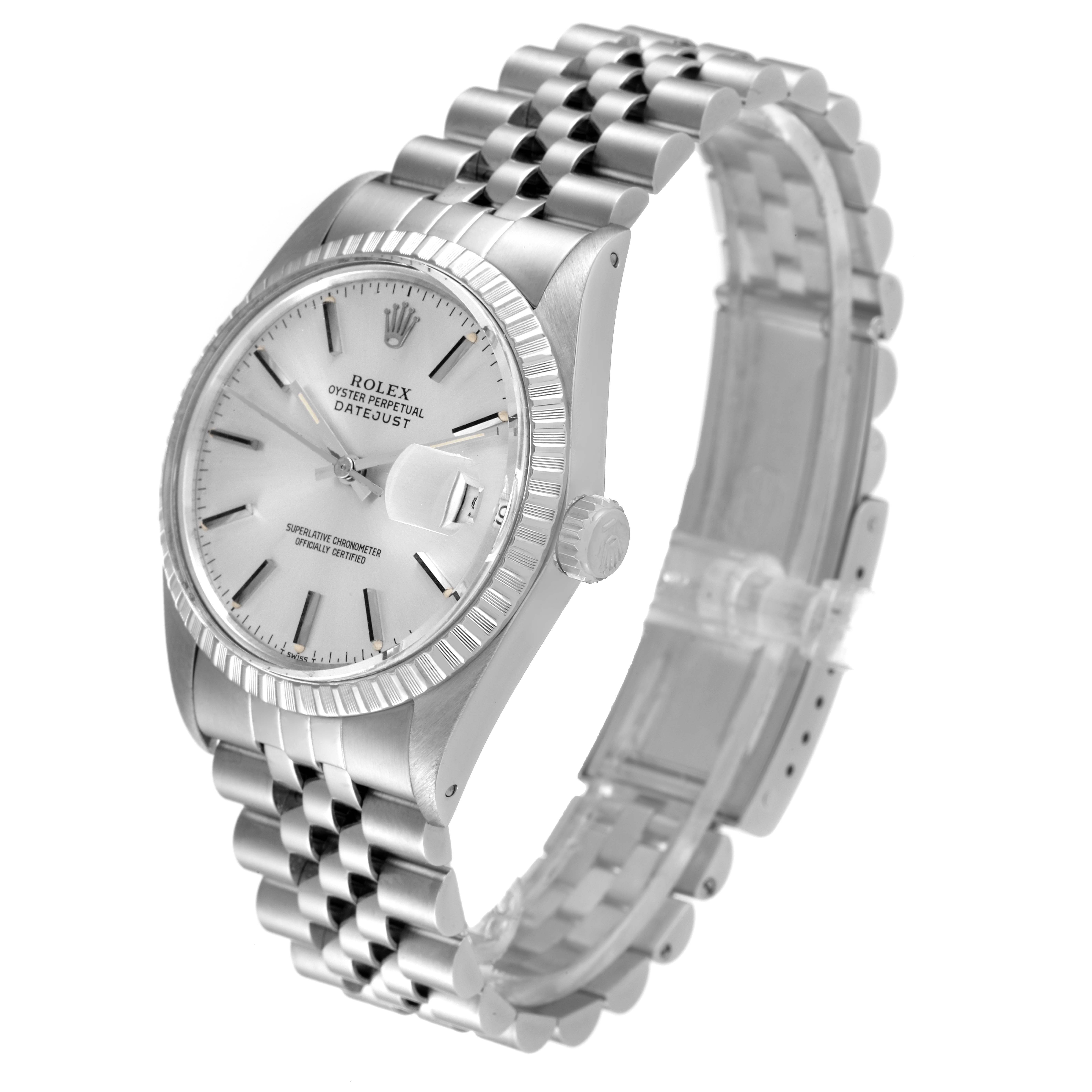 This image shows a side and partial top view of the Rolex Vintage Collection 16030 Men's Stainless Steel Silver Dial 16030 Men's Stainless Steel Silver Dial watch, highlighting the dial, bezel, and bracelet.