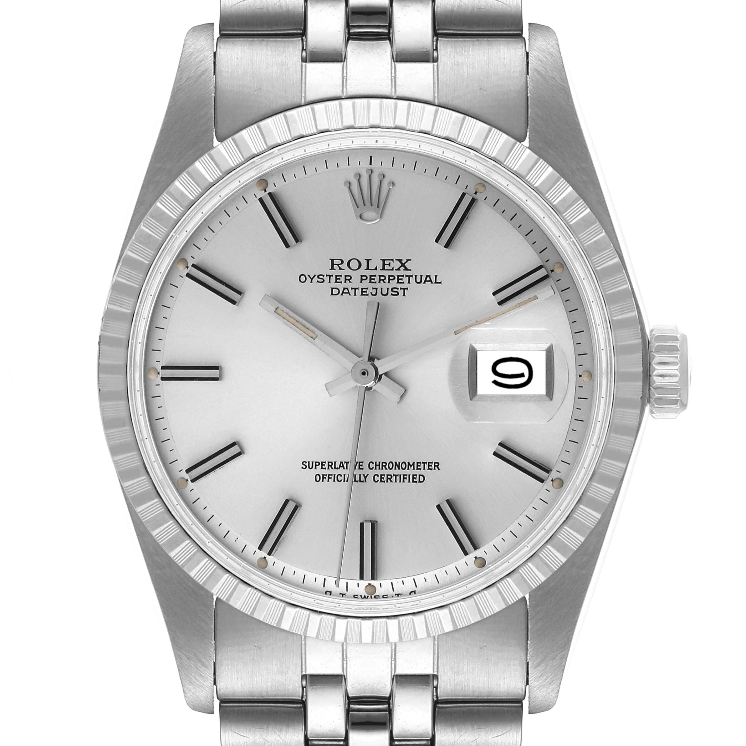 This image shows a front view of the Rolex Vintage Collection 1603 Men's Stainless Steel Silver Dial 1603 Men's Stainless Steel Silver Dial Datejust watch, including the dial, hands, bezel, and part of the bracelet.