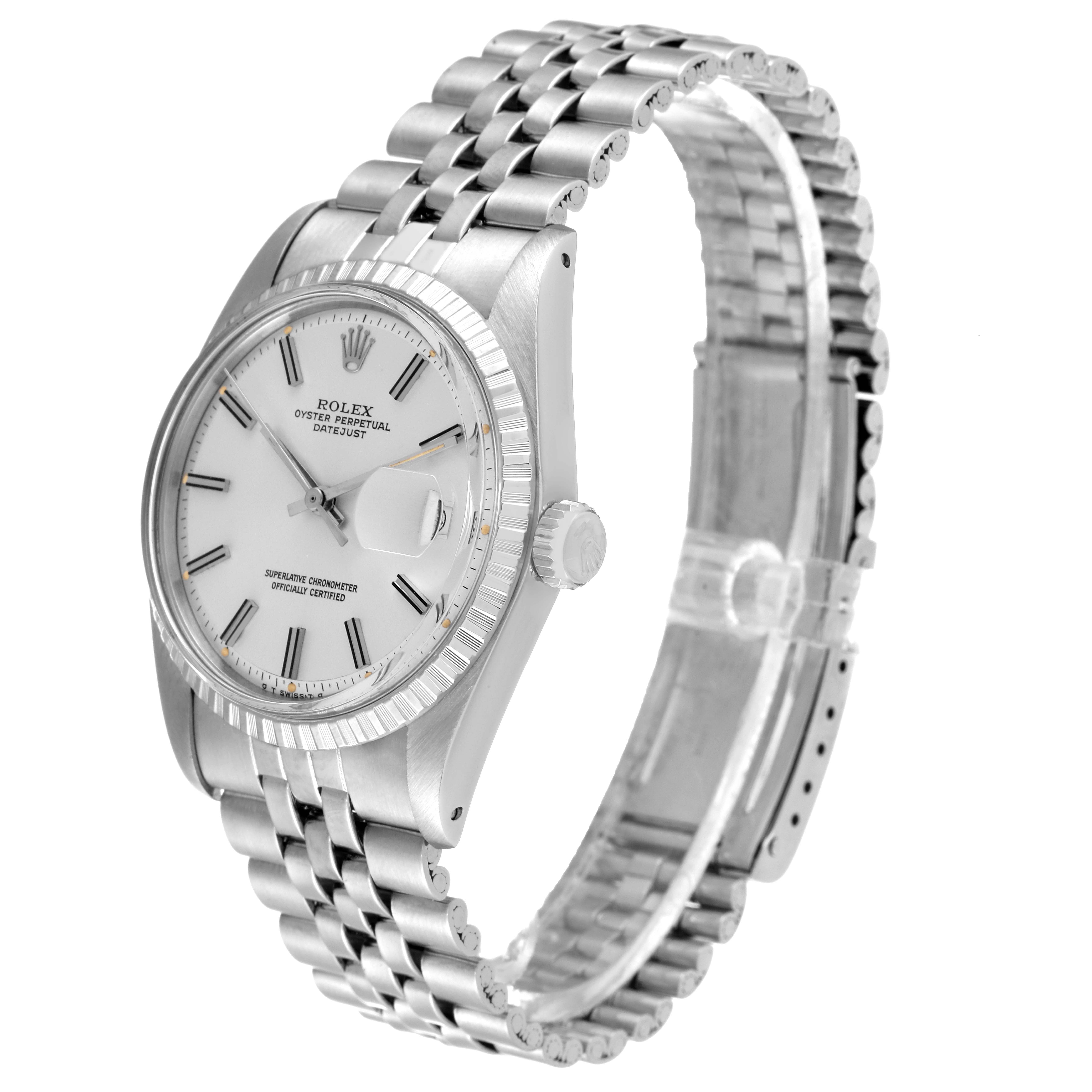 This image shows a side angle of the Rolex Vintage Collection 1603 Men's Stainless Steel Silver Dial 1603 Men's Stainless Steel Silver Dial watch, highlighting the face, crown, and metal bracelet.