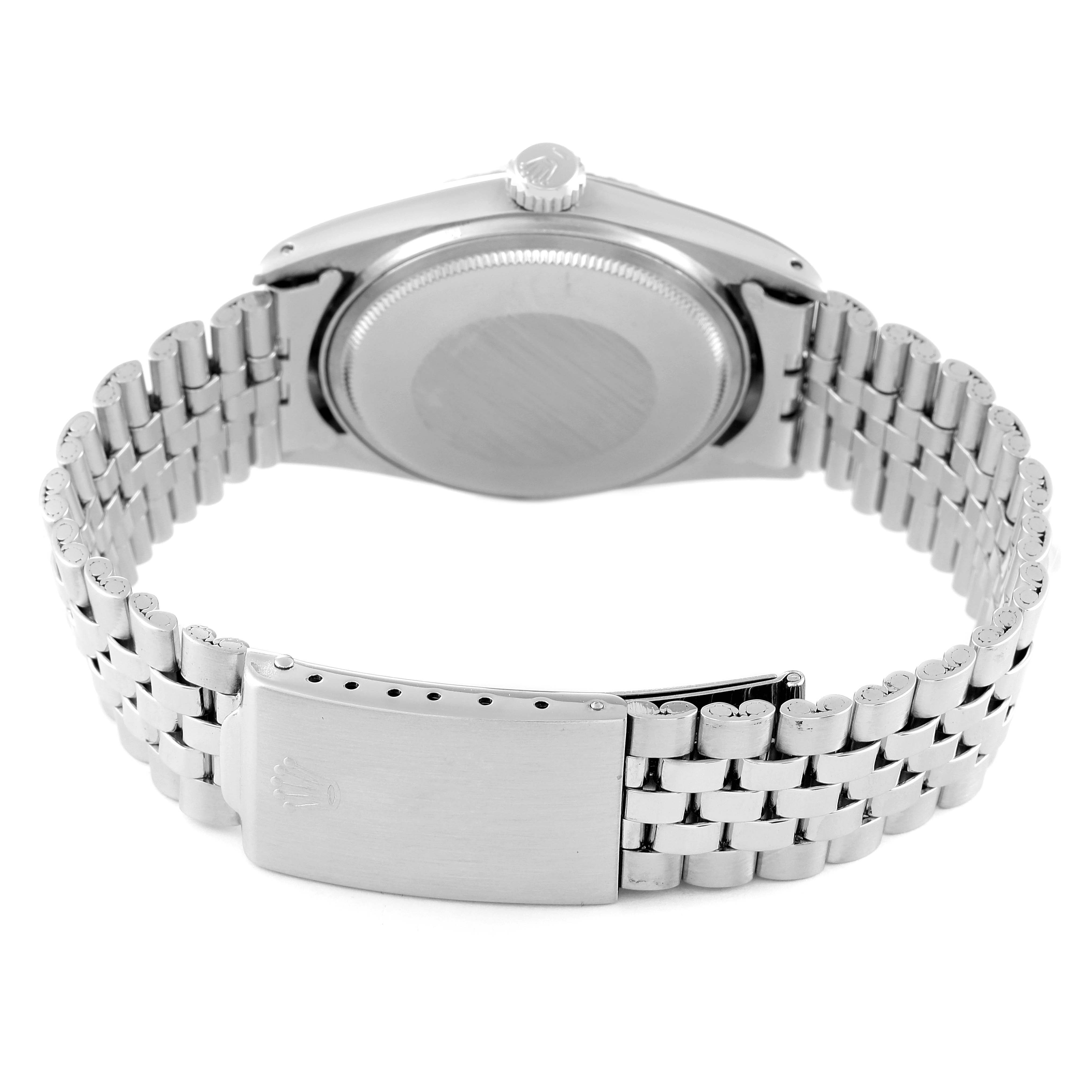 This image shows the back view of the Rolex Vintage Collection 1603 Men's Stainless Steel Silver Dial 1603 Men's Stainless Steel Silver Dial watch, highlighting its case back, crown, and metal bracelet with the clasp.