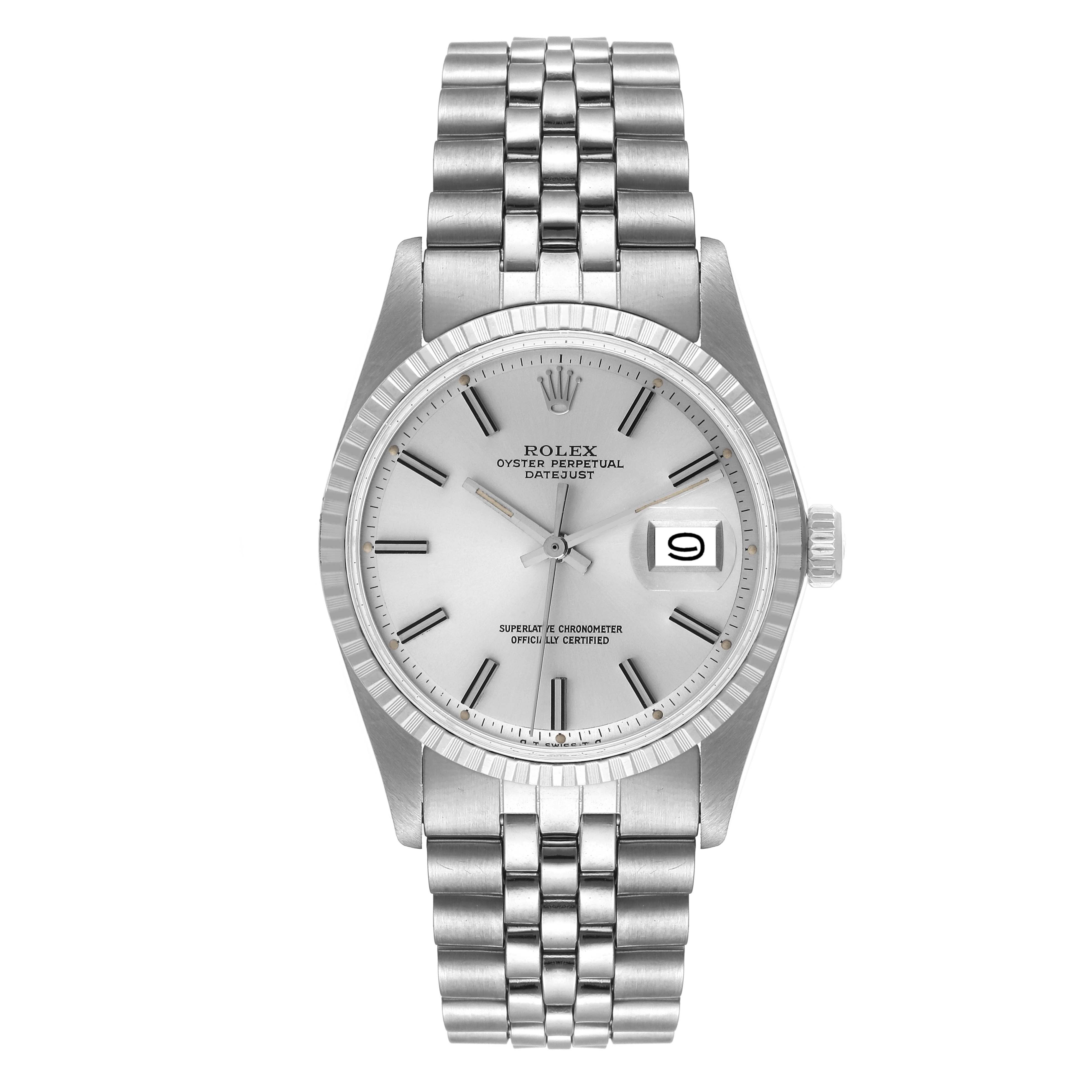 This image shows a frontal view of the Rolex Vintage Collection 1603 Men's Stainless Steel Silver Dial 1603 Men's Stainless Steel Silver Dial Oyster Perpetual Datejust watch, highlighting its dial, bracelet, and crown.