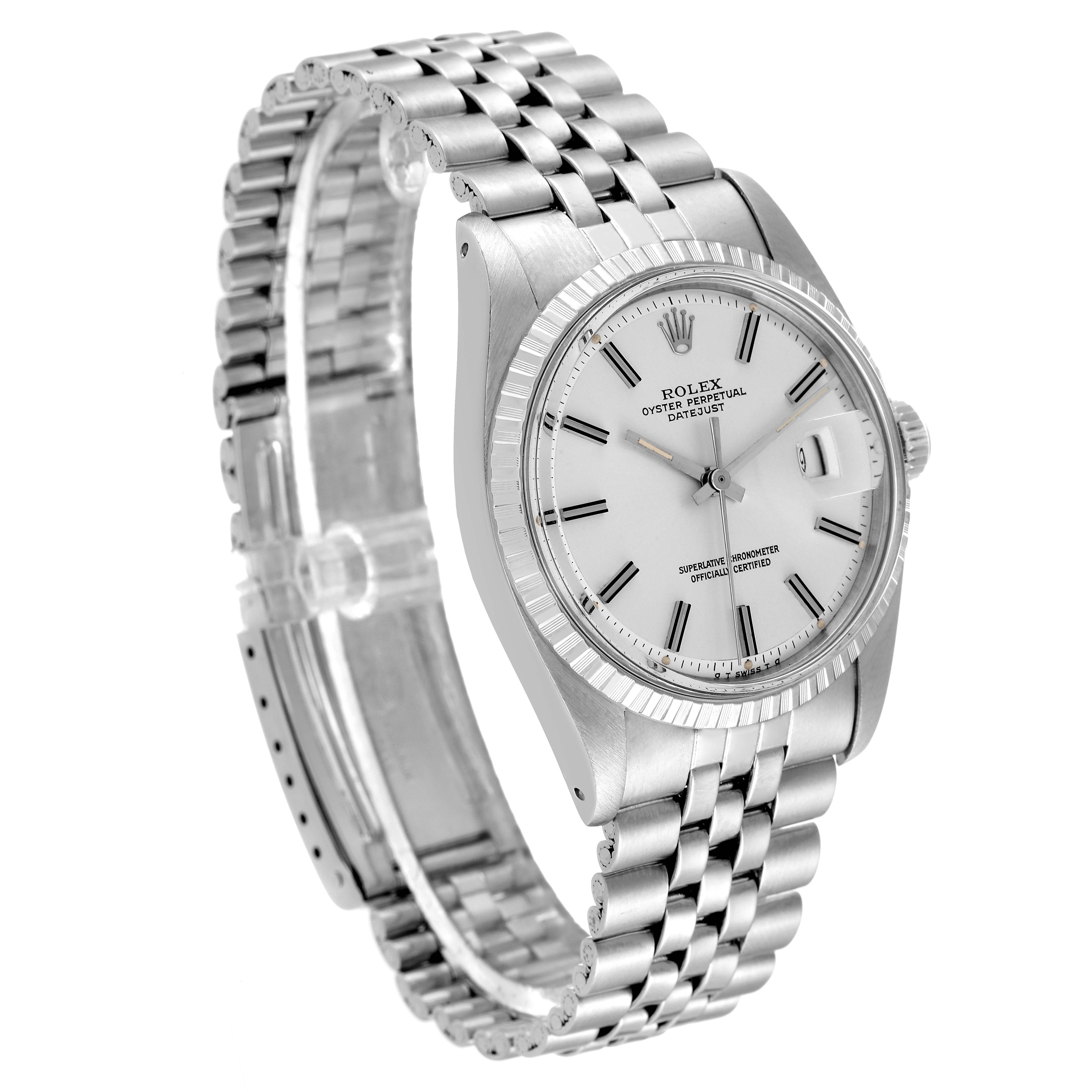 The image shows a Rolex Vintage Collection 1603 Men's Stainless Steel Silver Dial 1603 Men's Stainless Steel Silver Dial watch at a three-quarter angle, highlighting the face, bracelet, and crown.