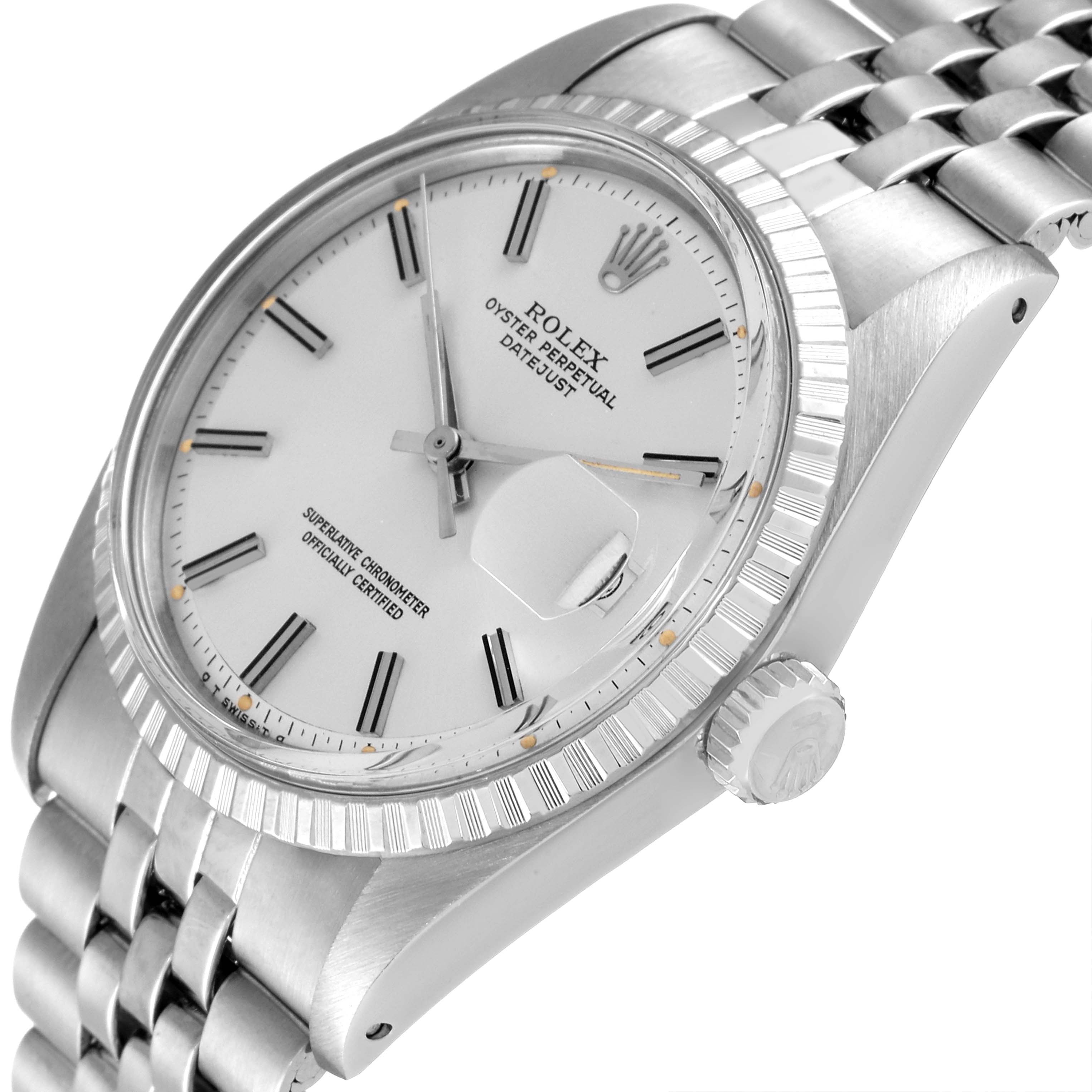 The Rolex Vintage Collection 1603 Men's Stainless Steel Silver Dial 1603 Men's Stainless Steel Silver Dial model watch is shown at an angled close-up, highlighting the dial, bezel, and partial bracelet.