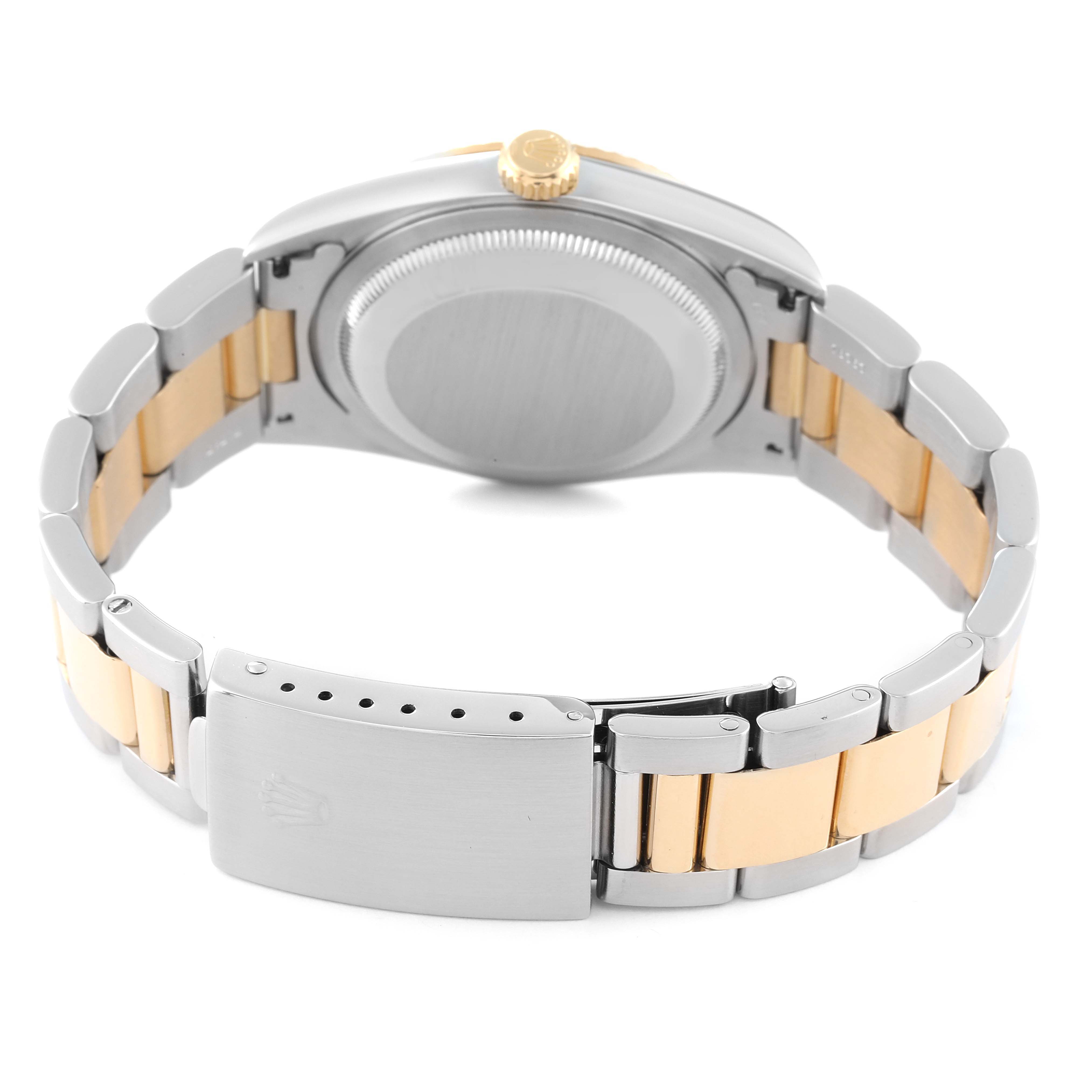 The image shows the back view of a Rolex Datejust 16233 Men's Steel and Gold (two tone)  16233 Men's Steel and Gold (two tone)  watch, highlighting the case back and two-tone bracelet with clasp.