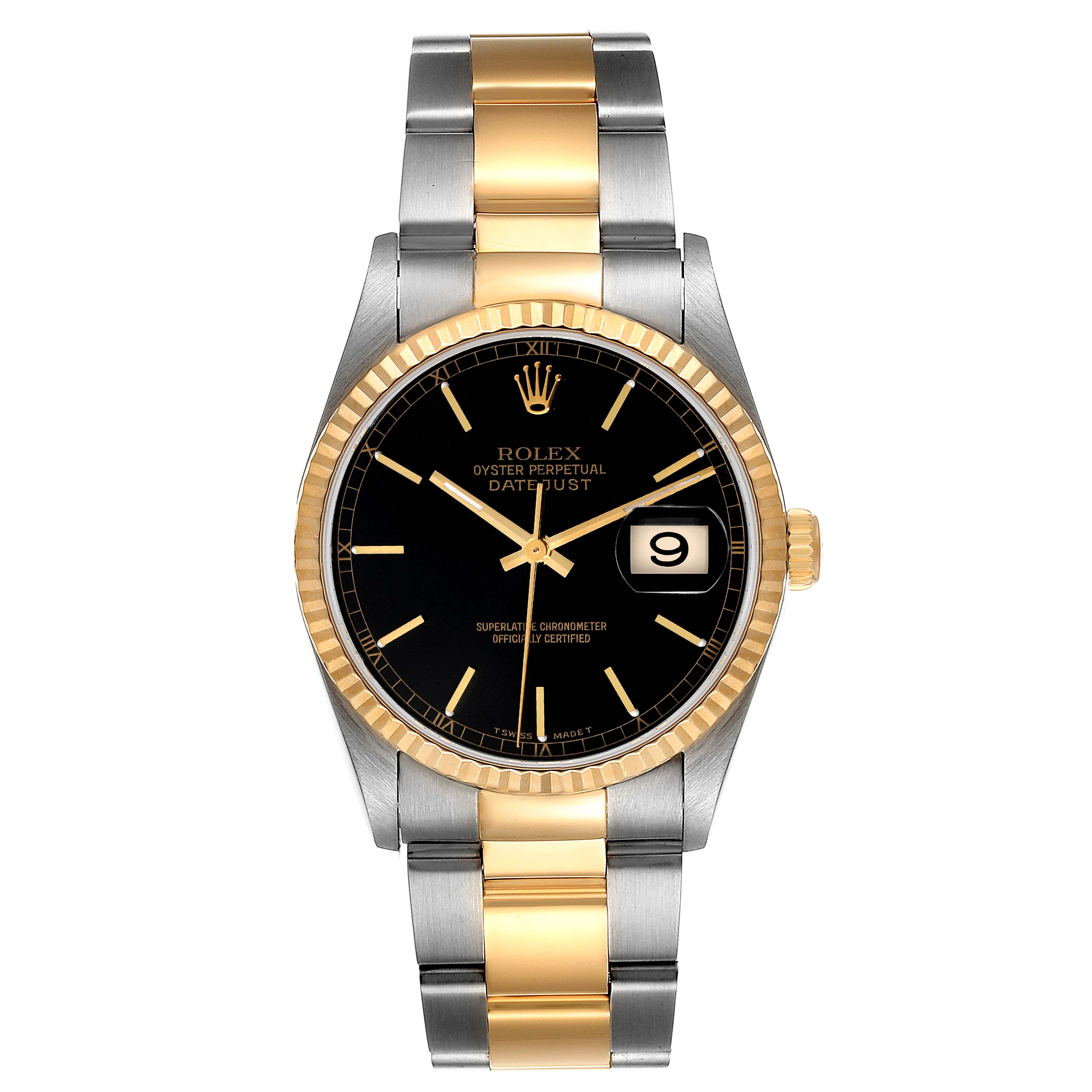 This image shows a front view of a Rolex Datejust 16233 Men's Steel and Gold (two tone)  16233 Men's Steel and Gold (two tone)  watch, highlighting the dial, bezel, case, and bracelet.