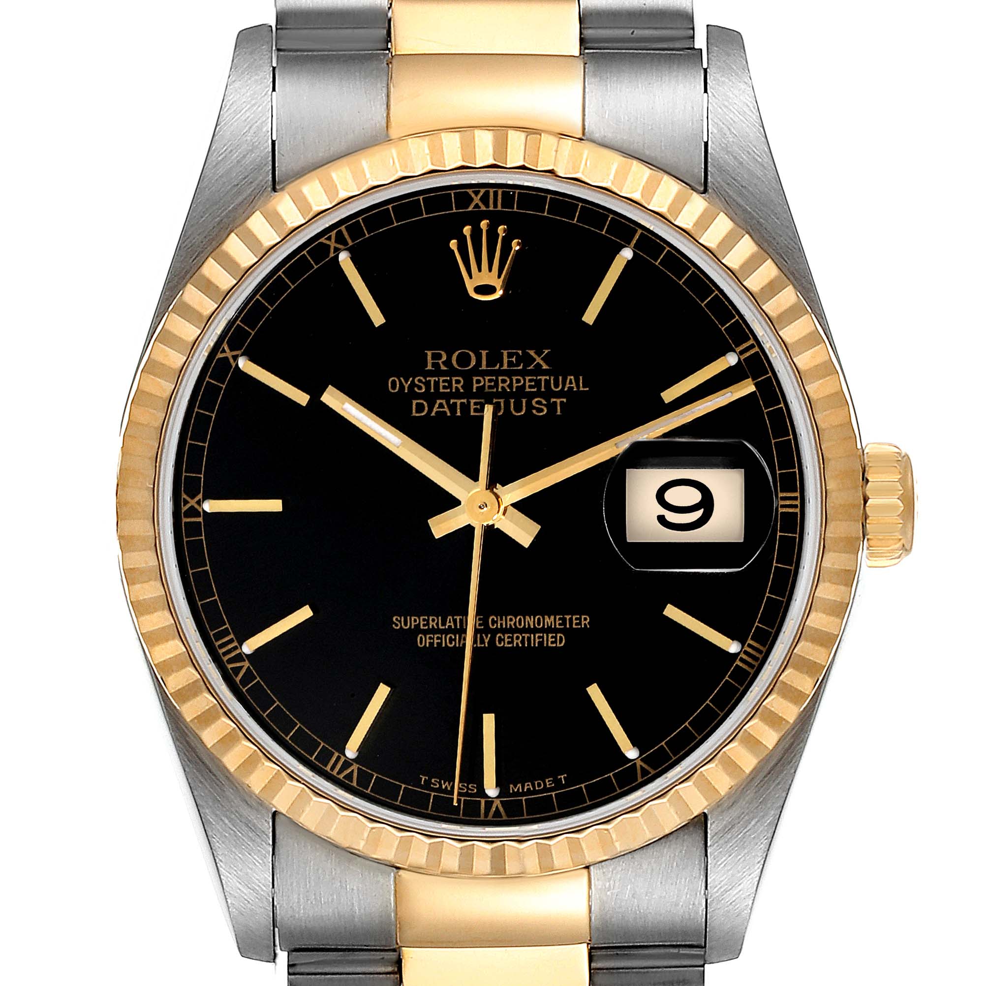 This Rolex Datejust 16233 Men's Steel and Gold (two tone)  16233 Men's Steel and Gold (two tone)  watch is shown from the front, featuring a black dial, date display, and a two-tone bracelet.