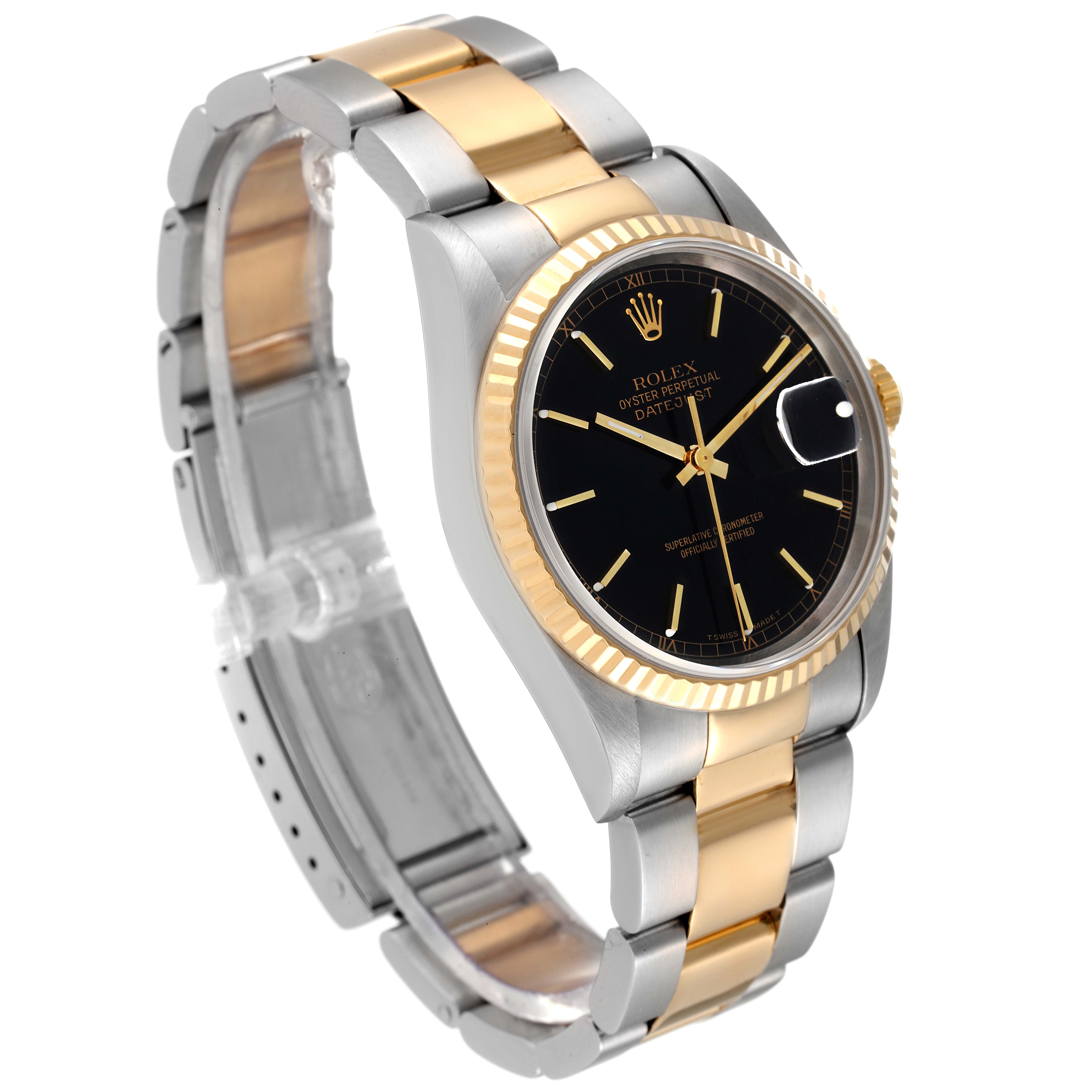 The Rolex Datejust 16233 Men's Steel and Gold (two tone)  16233 Men's Steel and Gold (two tone)  watch is shown at an angle displaying the face, case, band, and part of the clasp.