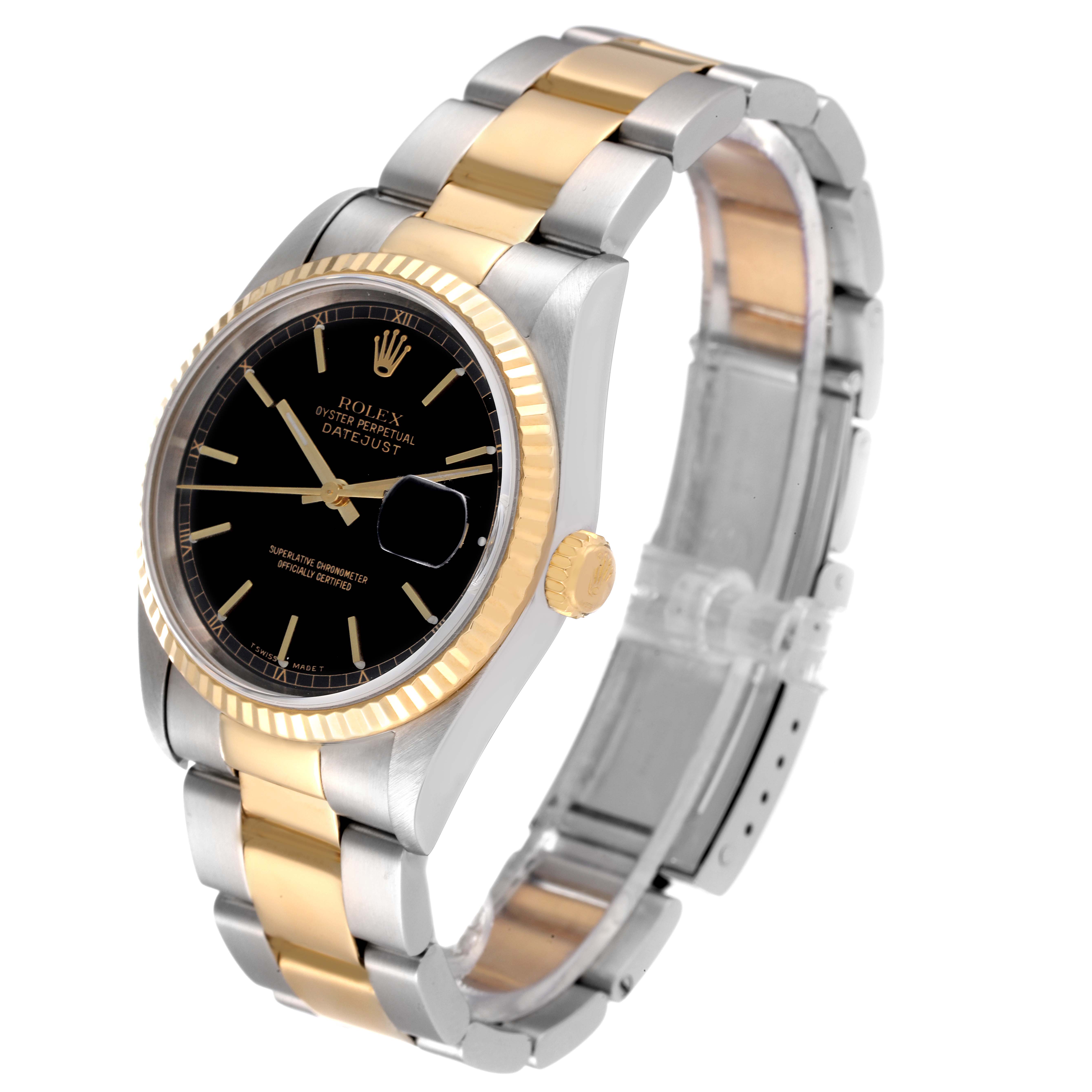 The image shows a Rolex Datejust 16233 Men's Steel and Gold (two tone)  16233 Men's Steel and Gold (two tone)  watch from a three-quarter angle, highlighting its two-tone bracelet, fluted bezel, black dial, and crown.