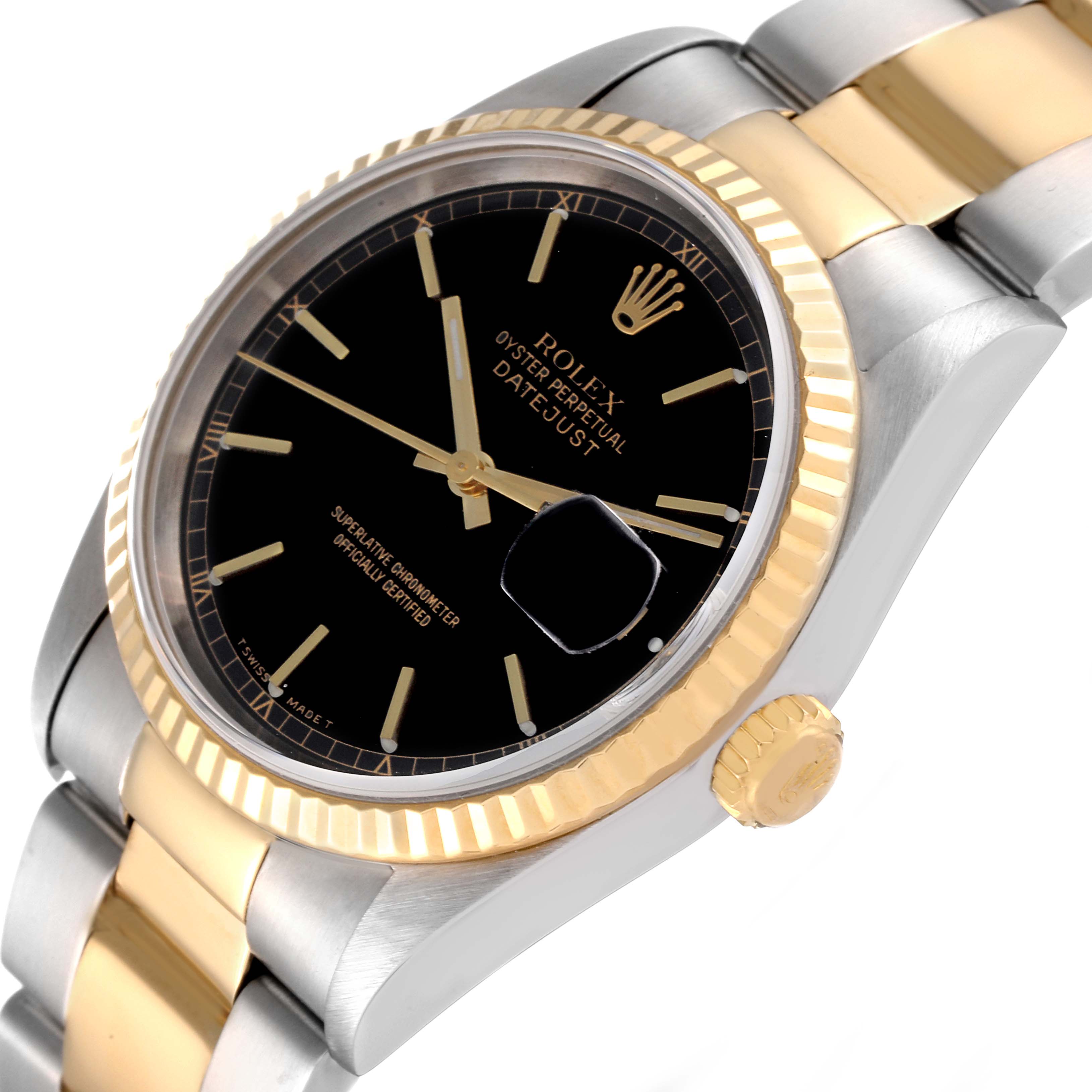This Rolex Datejust 16233 Men's Steel and Gold (two tone)  16233 Men's Steel and Gold (two tone)  watch is shown from an angle highlighting the dial, bezel, crown, and bracelet.