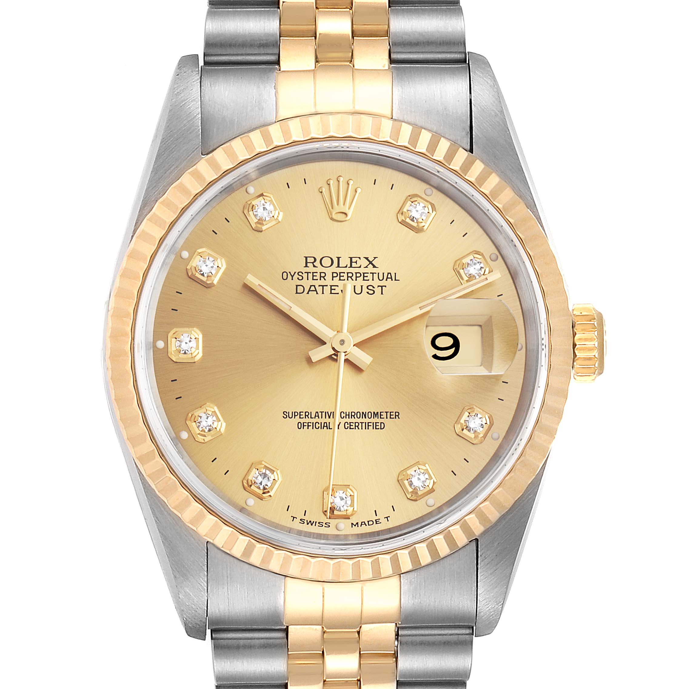 This image shows a front view of the Rolex Datejust 16233 Men
s Steel and Gold (two tone) Champagne Dial 16233 Men
s Steel and Gold (two tone) Champagne Dial watch, highlighting the dial, hands, date window, bezel, and bracelet.