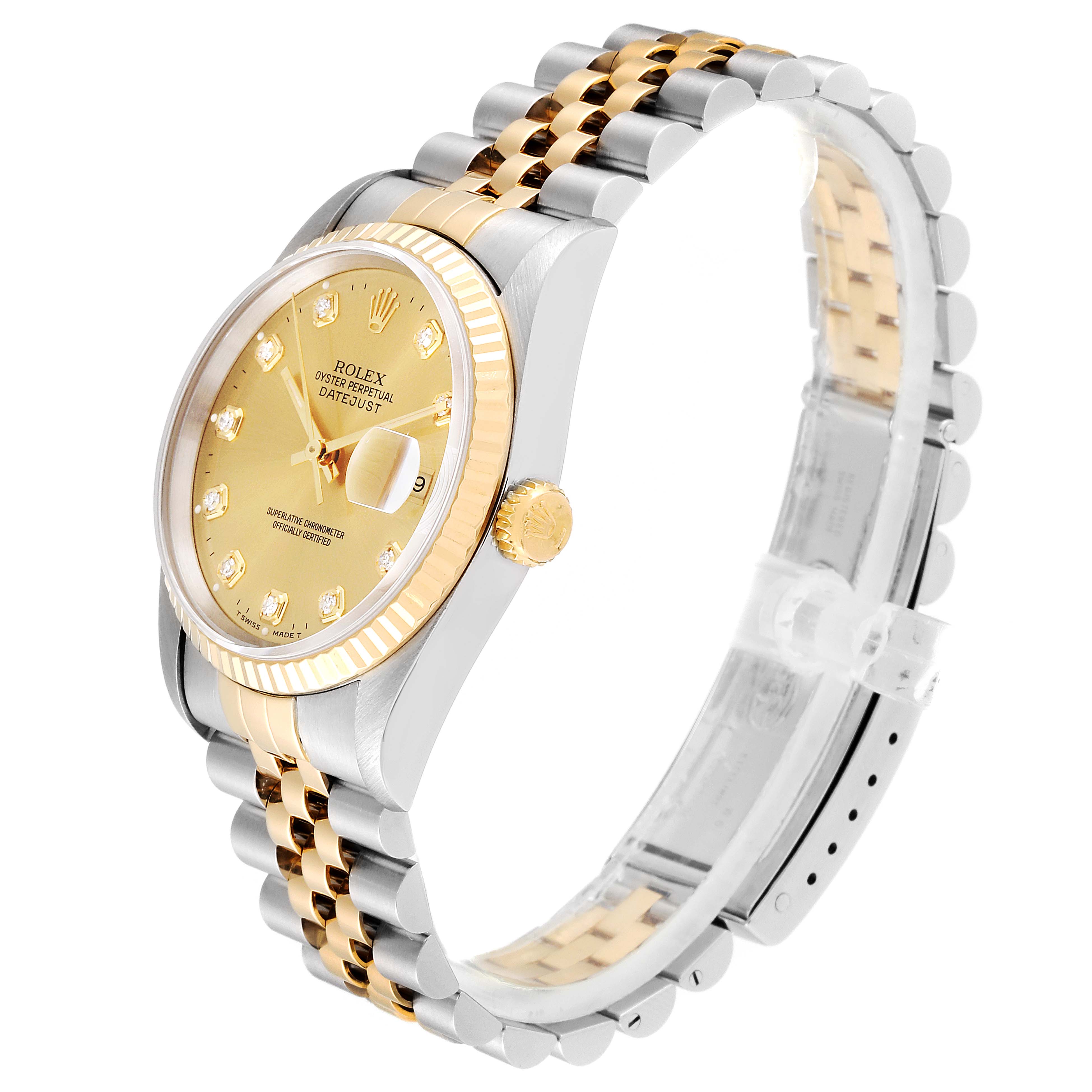 The image shows a side angle view of a Rolex Datejust 16233 Men
s Steel and Gold (two tone) Champagne Dial 16233 Men
s Steel and Gold (two tone) Champagne Dial watch, highlighting the dial, bezel, crown, and two-tone bracelet.