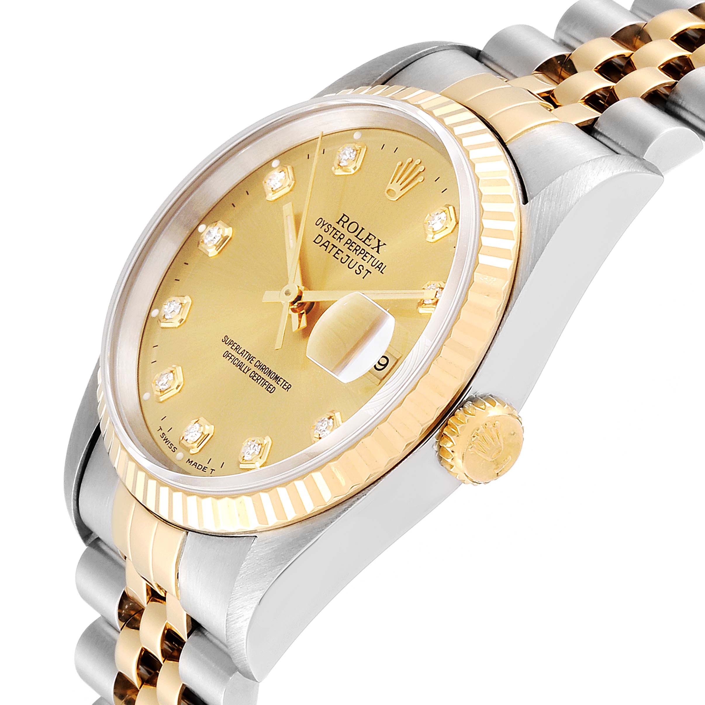 This image shows a Rolex Datejust 16233 Men
s Steel and Gold (two tone) Champagne Dial 16233 Men
s Steel and Gold (two tone) Champagne Dial model at an angle highlighting the crown, part of the bracelet, and the dial with a date window.