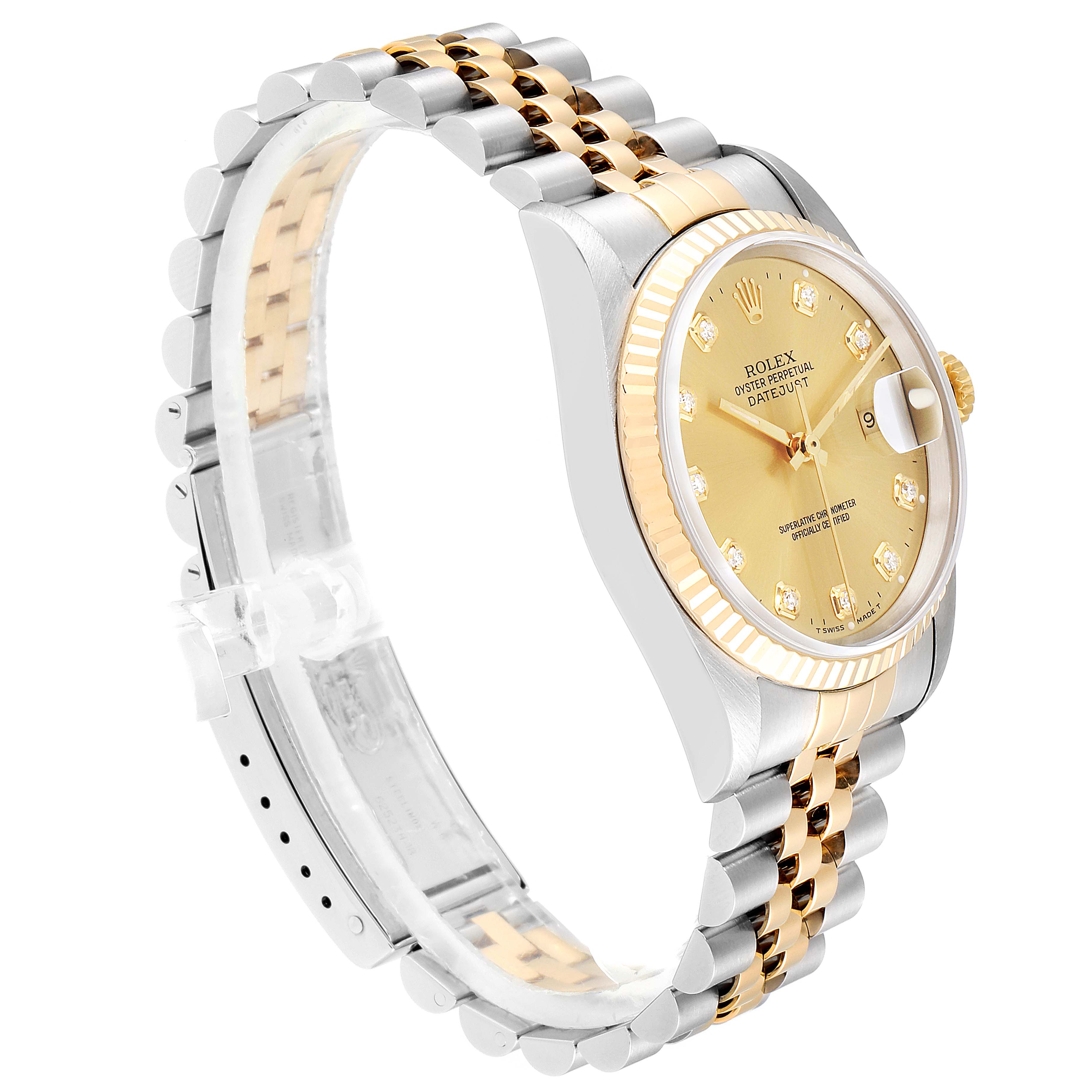 The image shows a Rolex Datejust 16233 Men
s Steel and Gold (two tone) Champagne Dial 16233 Men
s Steel and Gold (two tone) Champagne Dial watch at a slight angle, highlighting the dial, bezel, case, and two-tone bracelet.