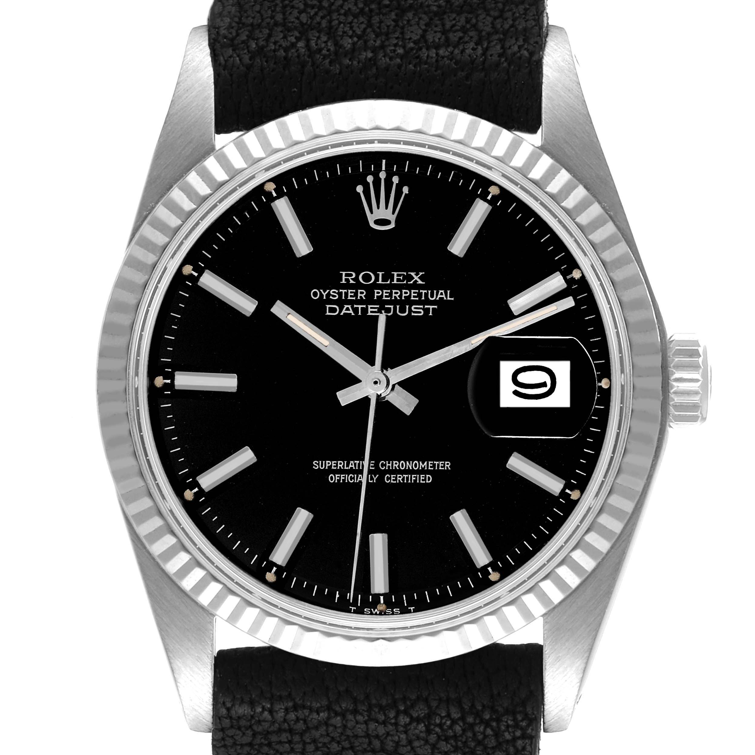 The Rolex Vintage Collection 1601 Men's Stainless Steel Black Dial 1601 Men's Stainless Steel Black Dial model watch is shown from a front angle, highlighting the black dial, silver hour markers, fluted bezel, and date indicator.