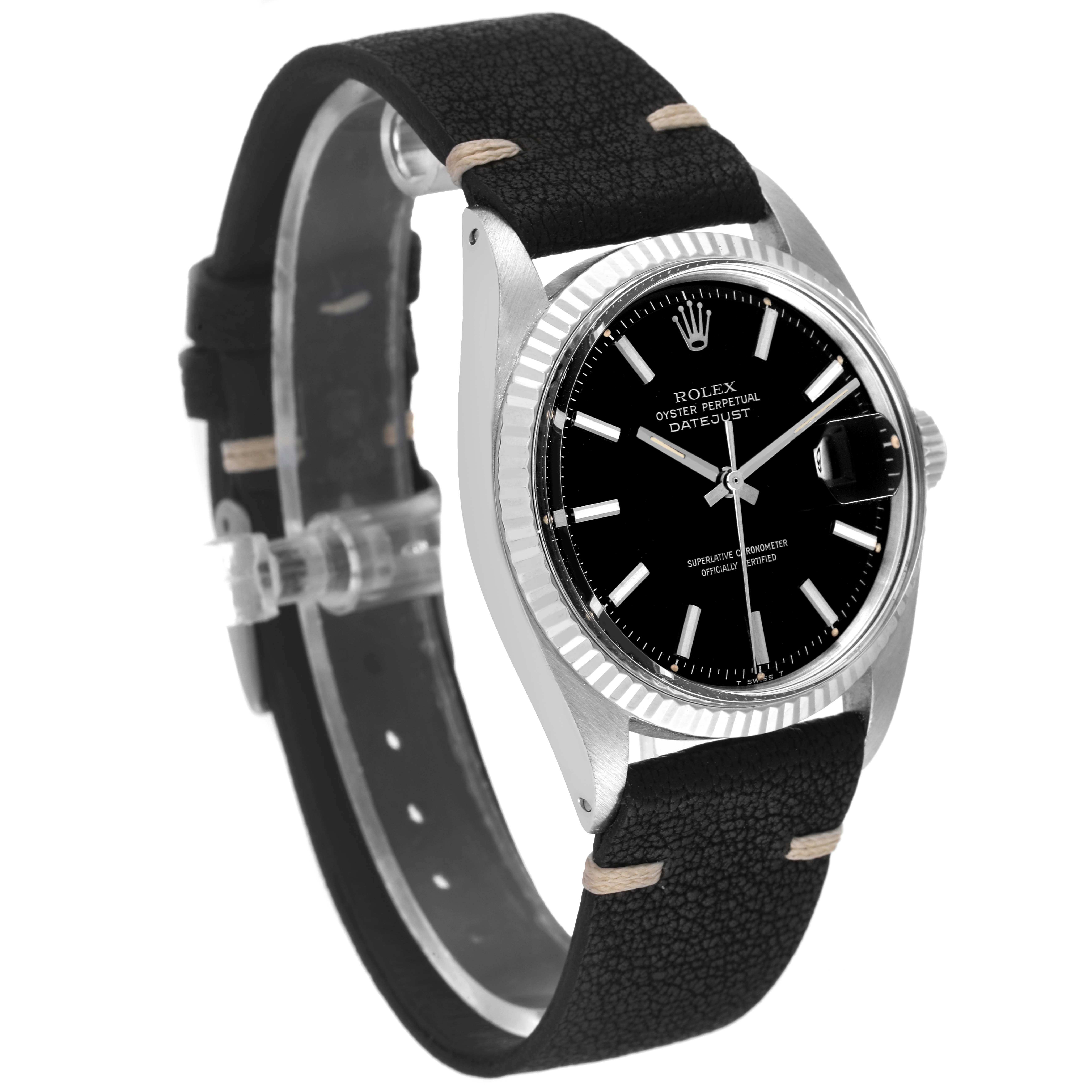 The image shows a side profile of the Vintage Collection Rolex Datejust with a black leather strap and a black dial.