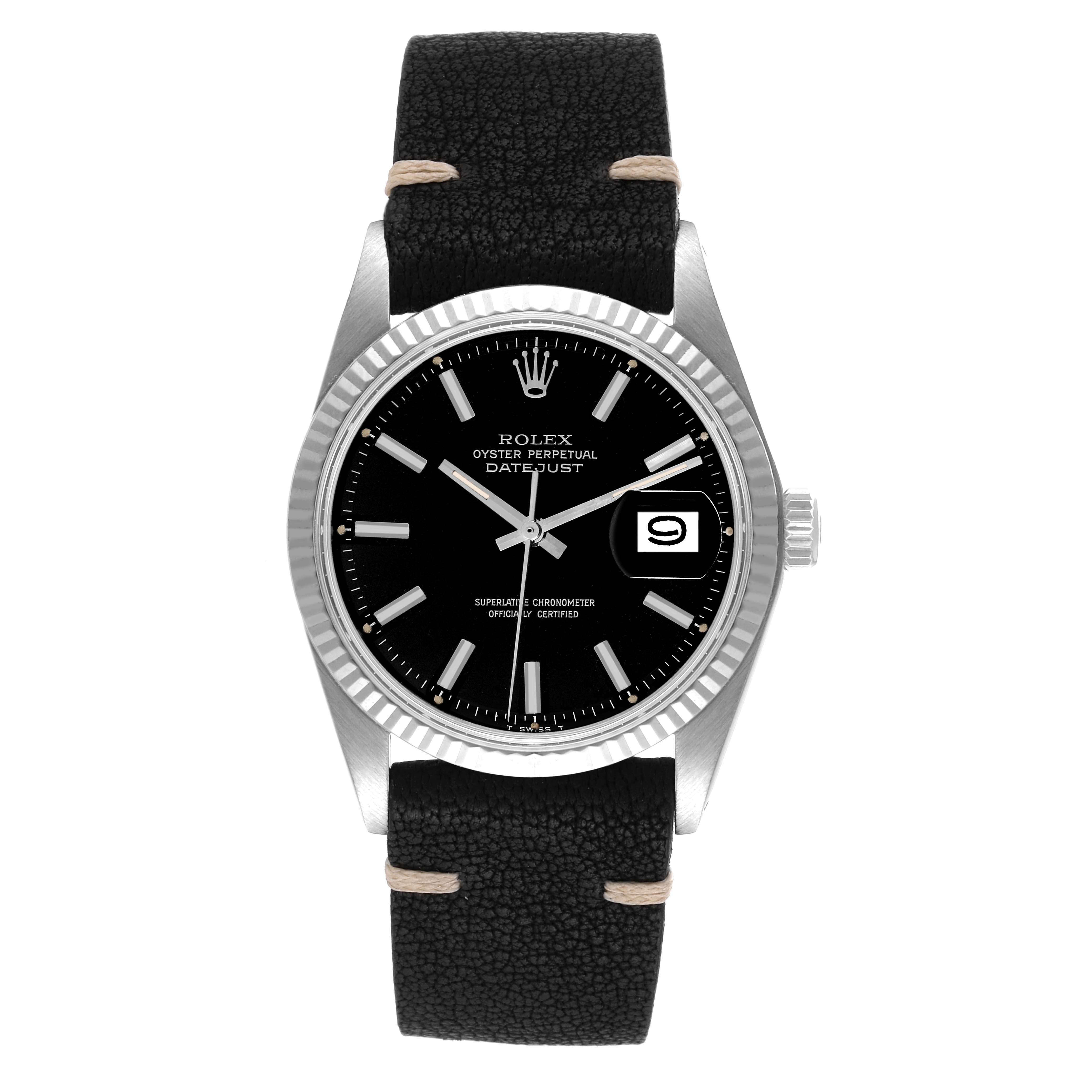 The Rolex Vintage Collection 1601 Men's Stainless Steel Black Dial 1601 Men's Stainless Steel Black Dial watch is shown from a front angle, displaying its face, bezel, crown, and leather strap.