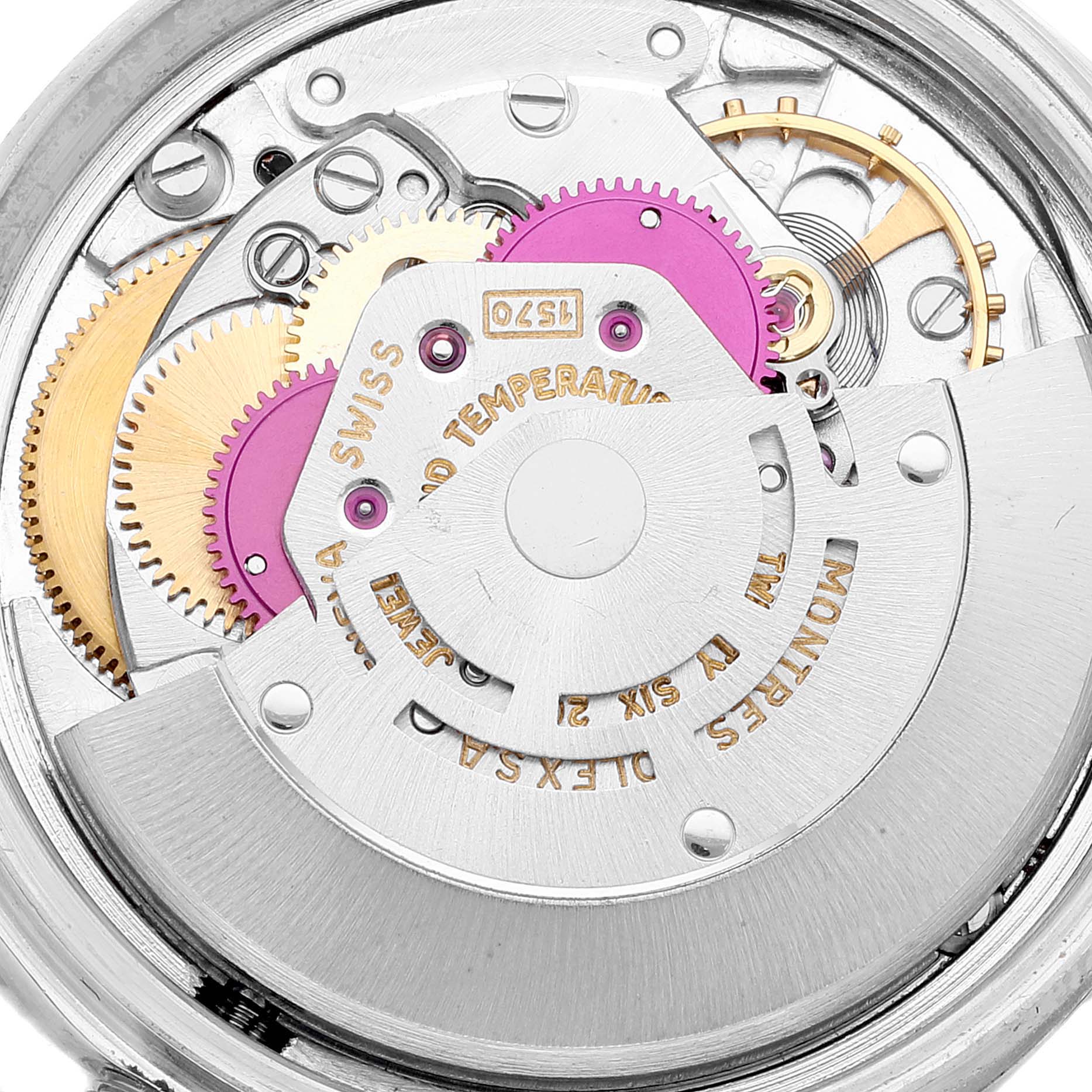 This image shows the intricate internal mechanism of the Rolex Vintage Collection 1601 Men's Stainless Steel Black Dial 1601 Men's Stainless Steel Black Dial watch viewed from the back.