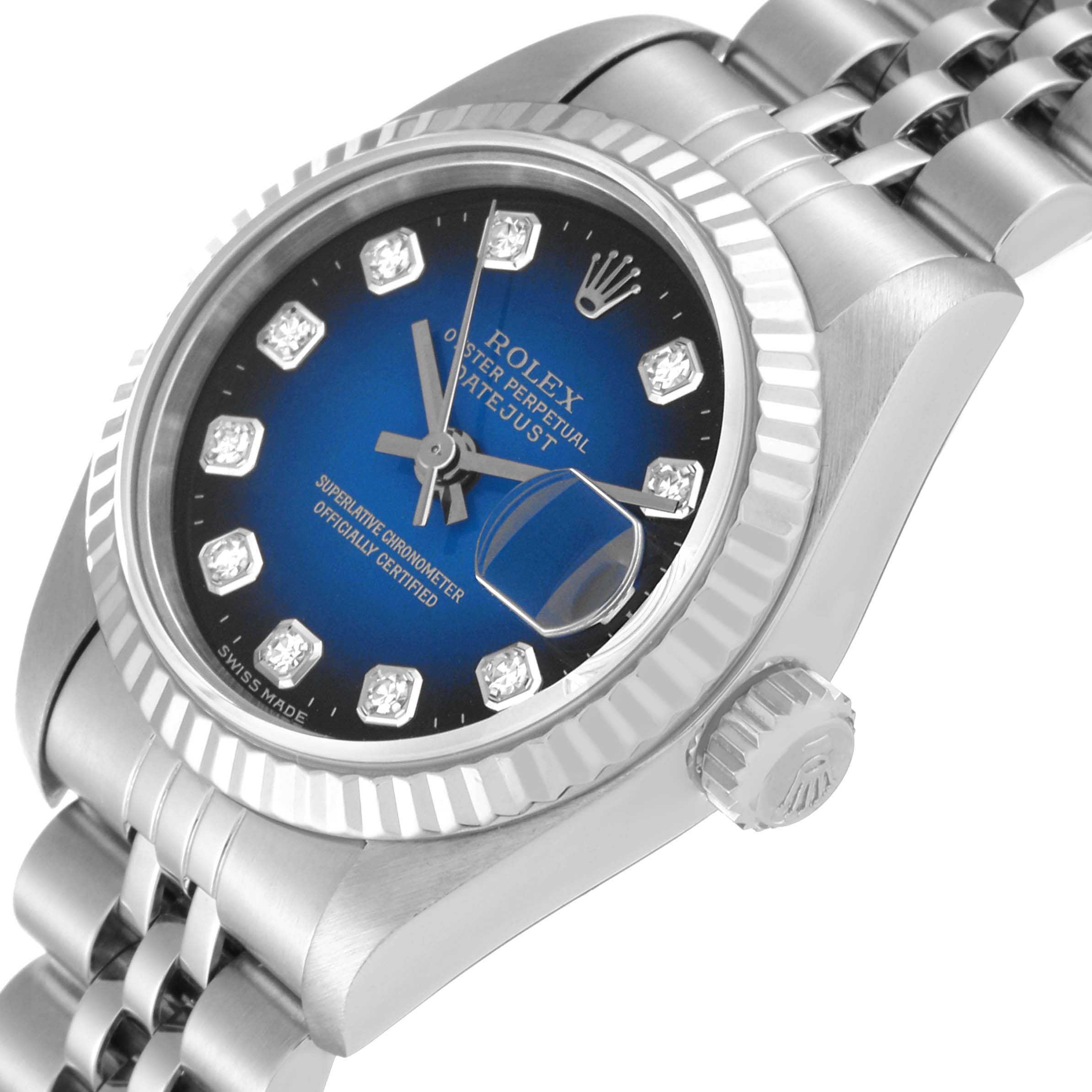 This image displays a close-up angle of the Rolex Datejust 69174 Women's Stainless Steel Blue Dial 69174 Women's Stainless Steel Blue Dial's face, bezel, crown, and part of the bracelet.