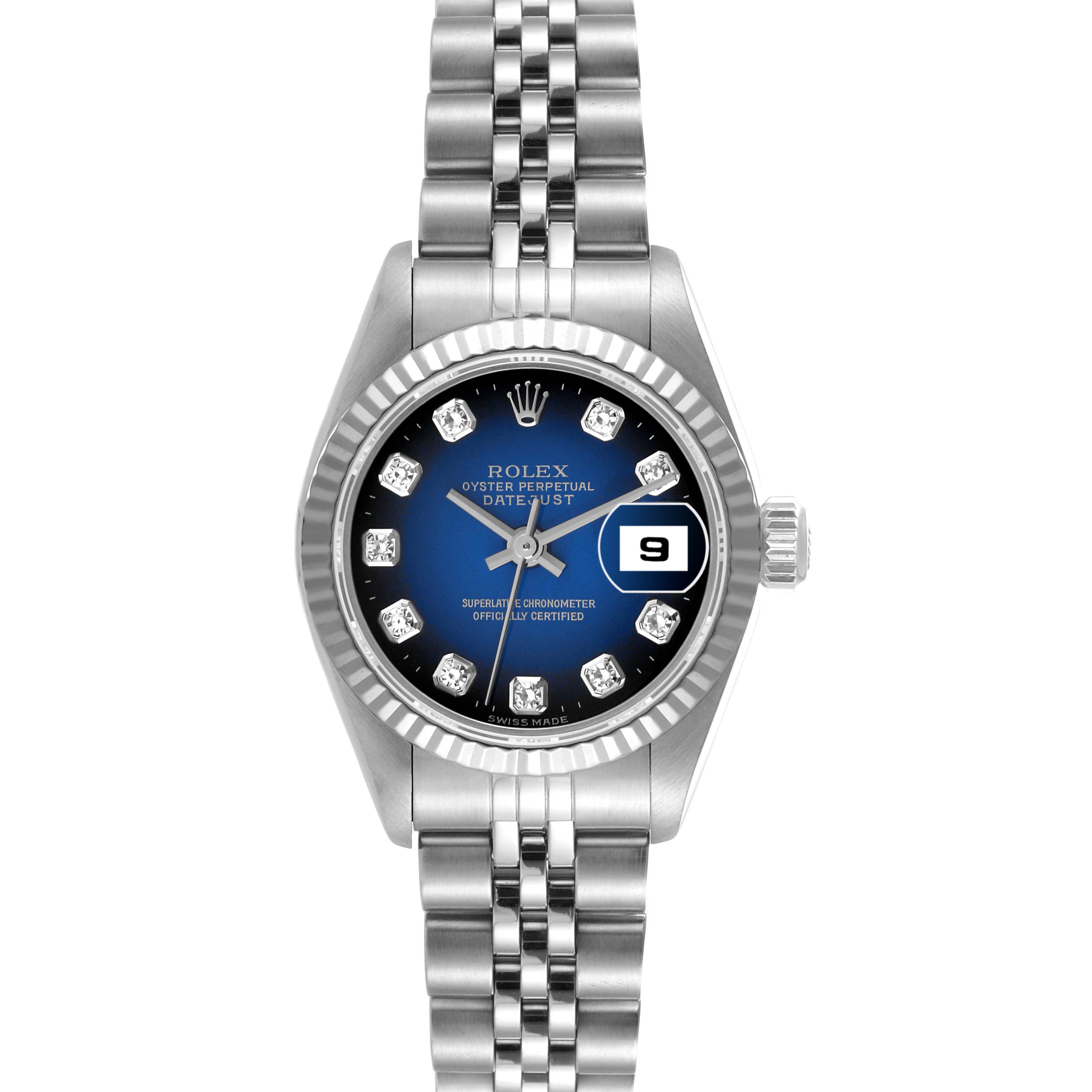 This image shows a Rolex Datejust 69174 Women's Stainless Steel Blue Dial 69174 Women's Stainless Steel Blue Dial watch from a front angle, highlighting its blue dial, diamond hour markers, date display, and metal bracelet.