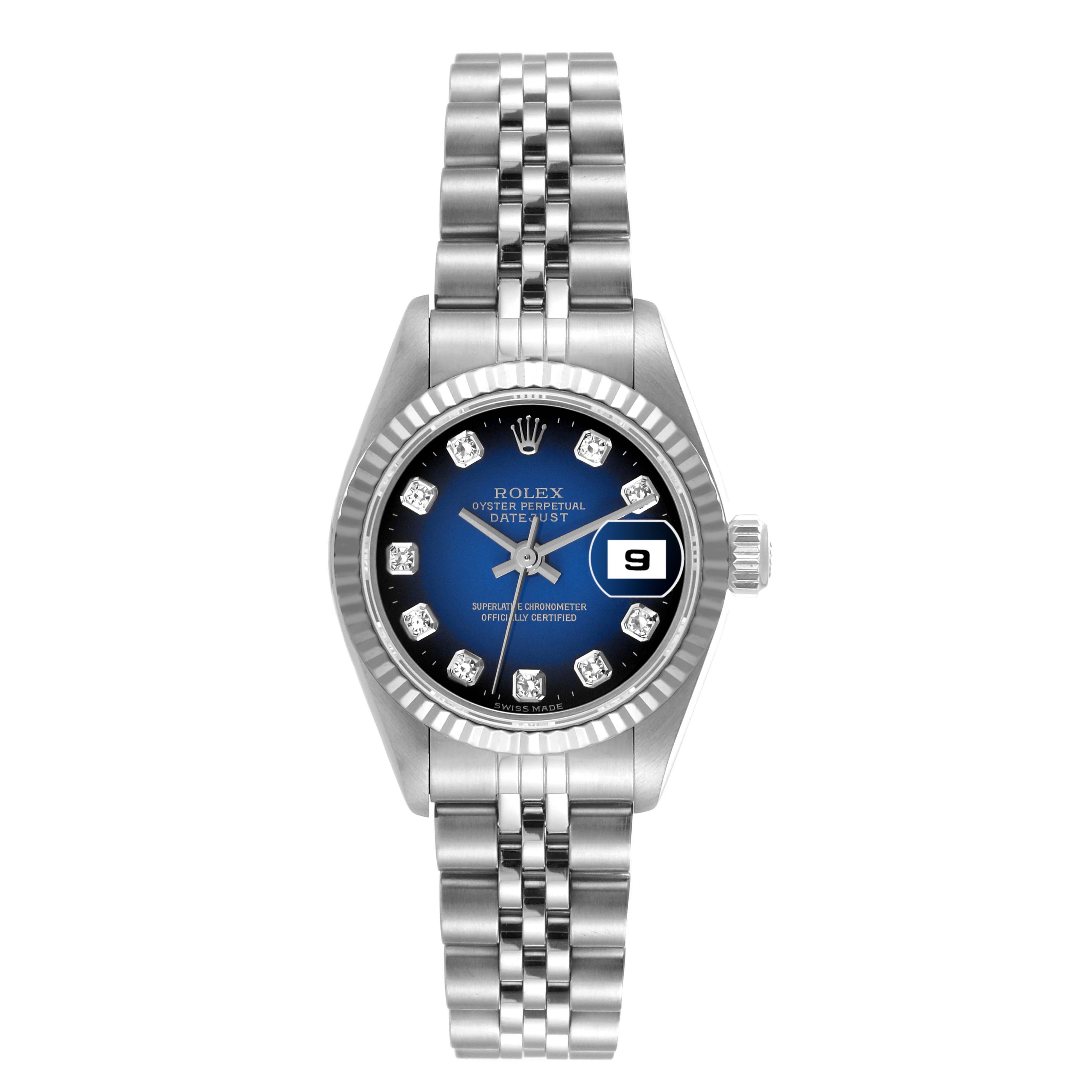 The image shows a Rolex Datejust 69174 Women's Stainless Steel Blue Dial 69174 Women's Stainless Steel Blue Dial watch with a Jubilee bracelet, fluted bezel, and blue dial containing diamond hour markers.