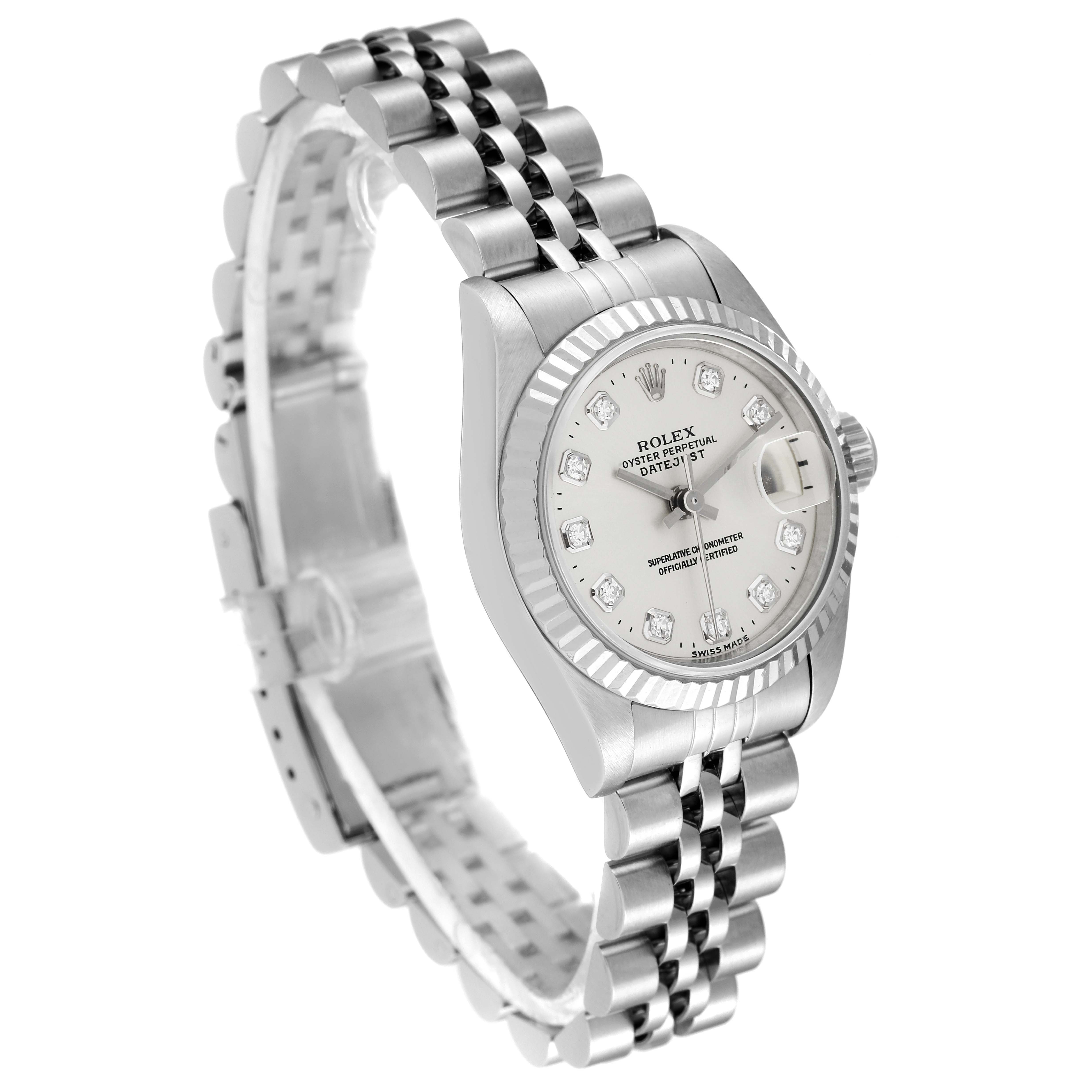 The image shows a Rolex Datejust 69174 Women's Stainless Steel Silver Dial 69174 Women's Stainless Steel Silver Dial watch at an angled view, highlighting the bracelet, case, dial, and fluted bezel.