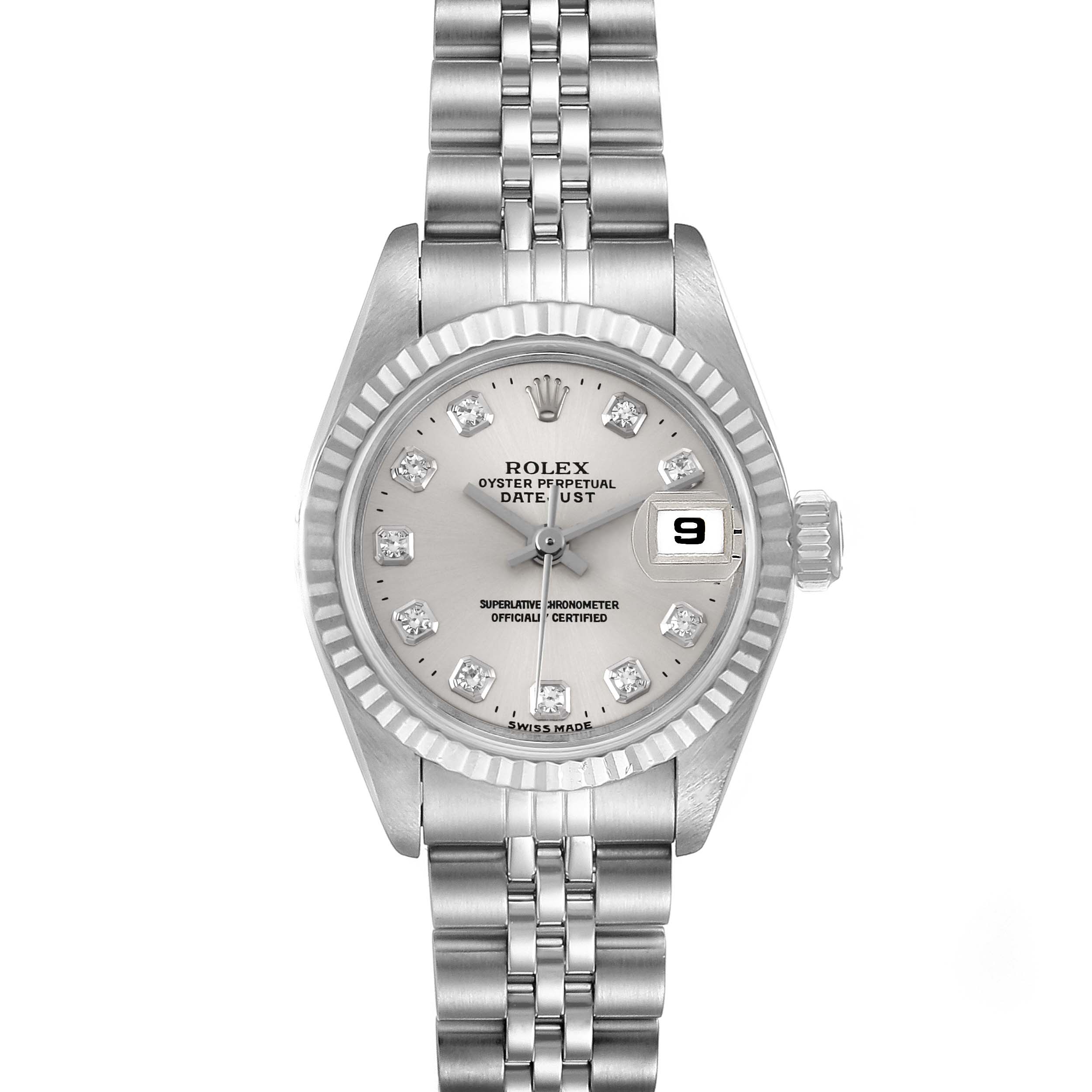 The Rolex Datejust 69174 Women's Stainless Steel Silver Dial 69174 Women's Stainless Steel Silver Dial watch is shown from a direct front angle, displaying its face, bezel, and bracelet.