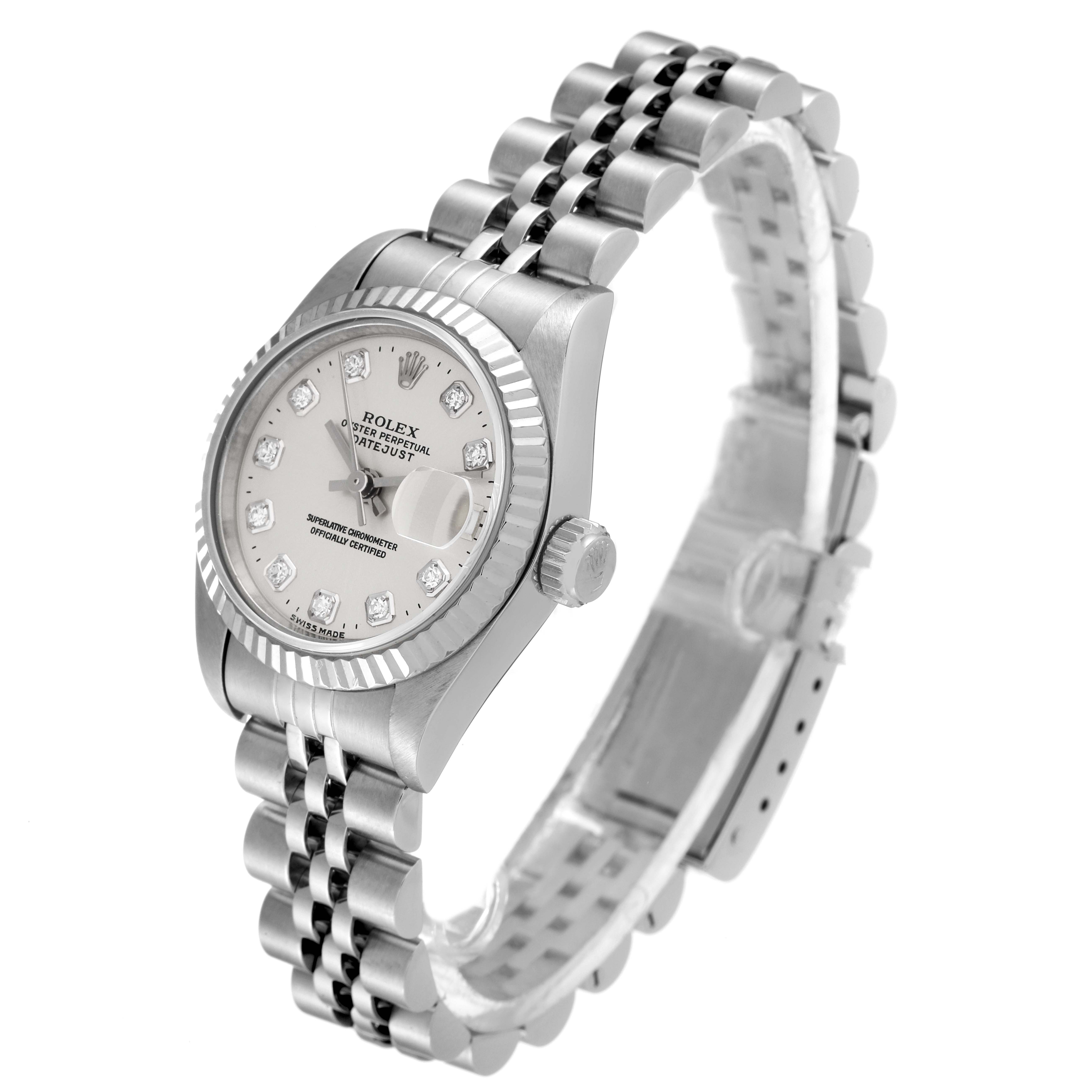 The Rolex Datejust 69174 Women's Stainless Steel Silver Dial 69174 Women's Stainless Steel Silver Dial watch is shown at an angle displaying its face, bezel, and bracelet.