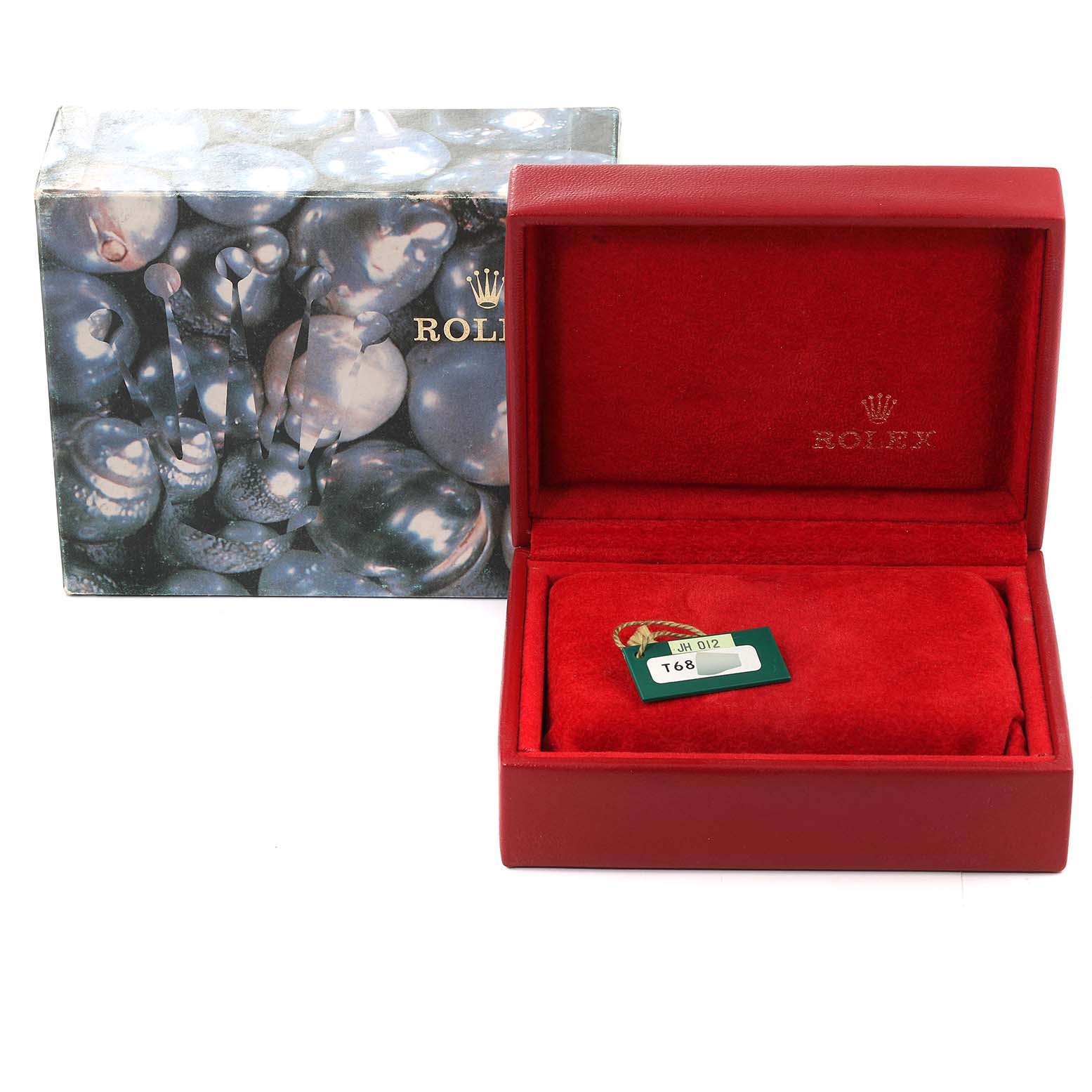 The image shows a Rolex Datejust 69174 Women's Stainless Steel Silver Dial 69174 Women's Stainless Steel Silver Dial watch box and an external decorative case, with the watch box open, revealing a red interior.