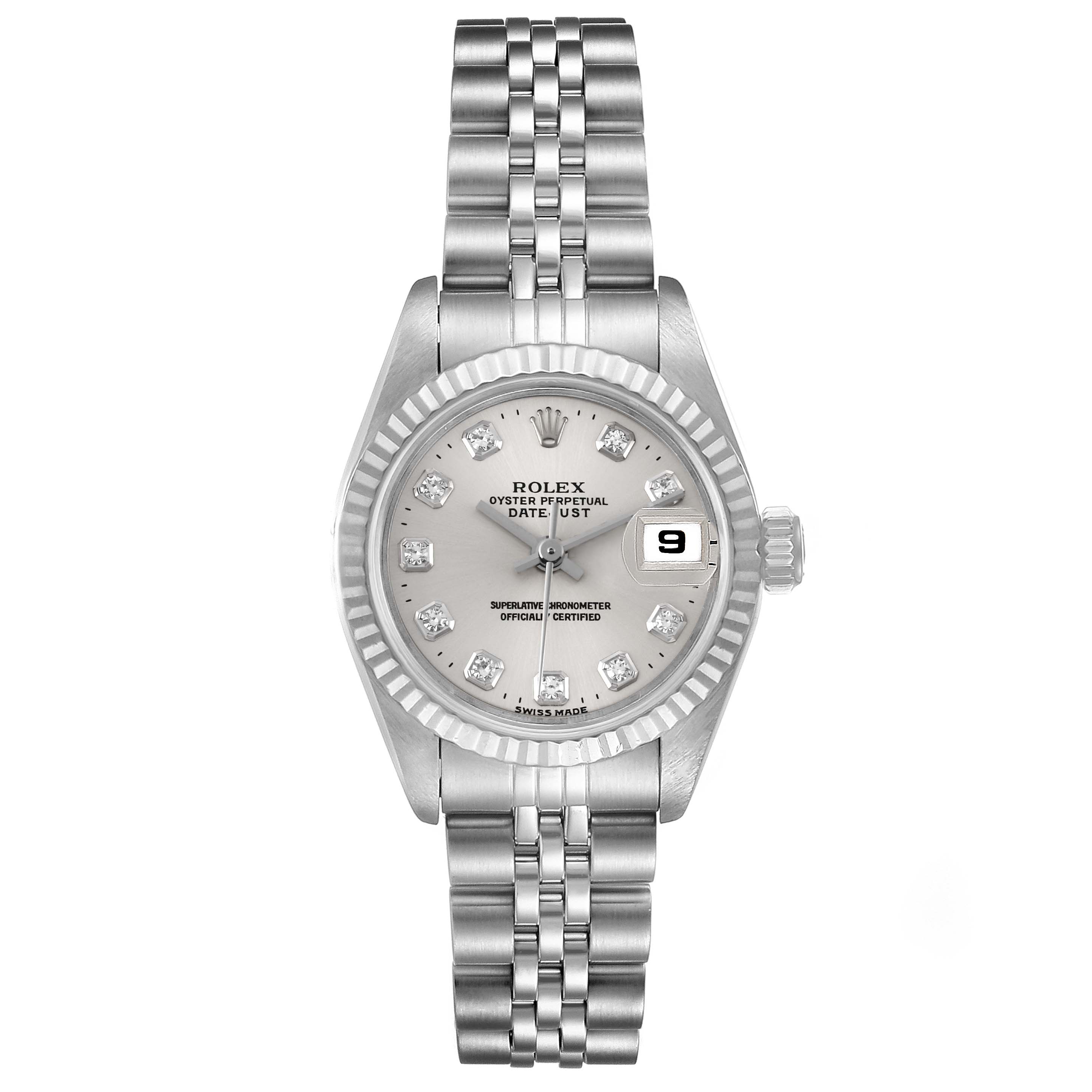 The image shows a front view of the Rolex Datejust 69174 Women's Stainless Steel Silver Dial 69174 Women's Stainless Steel Silver Dial watch, highlighting its face, bezel, and bracelet.