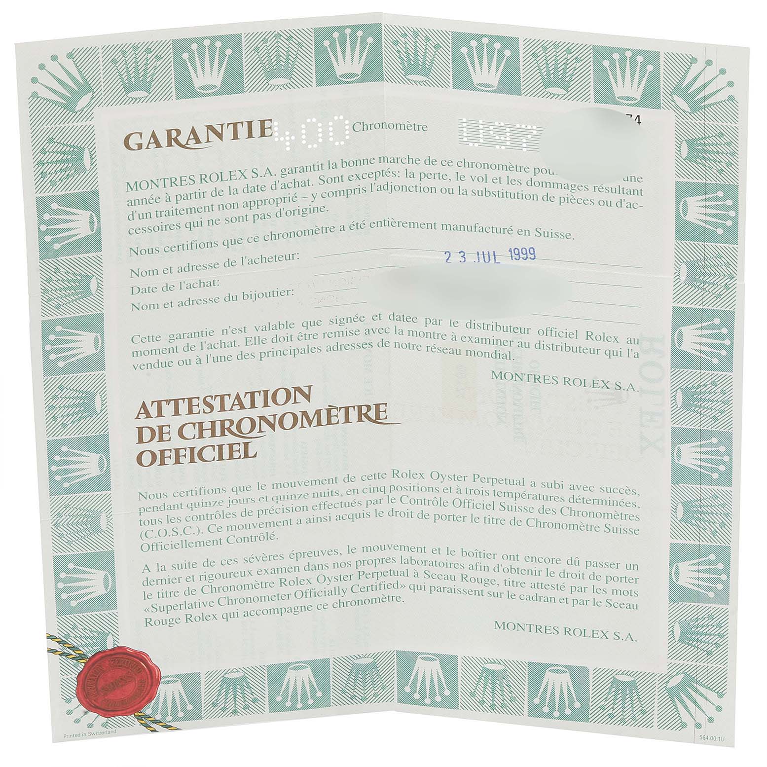 This image shows the warranty and certification papers for the Rolex Datejust 69174 Women's Stainless Steel Silver Dial 69174 Women's Stainless Steel Silver Dial watch model.