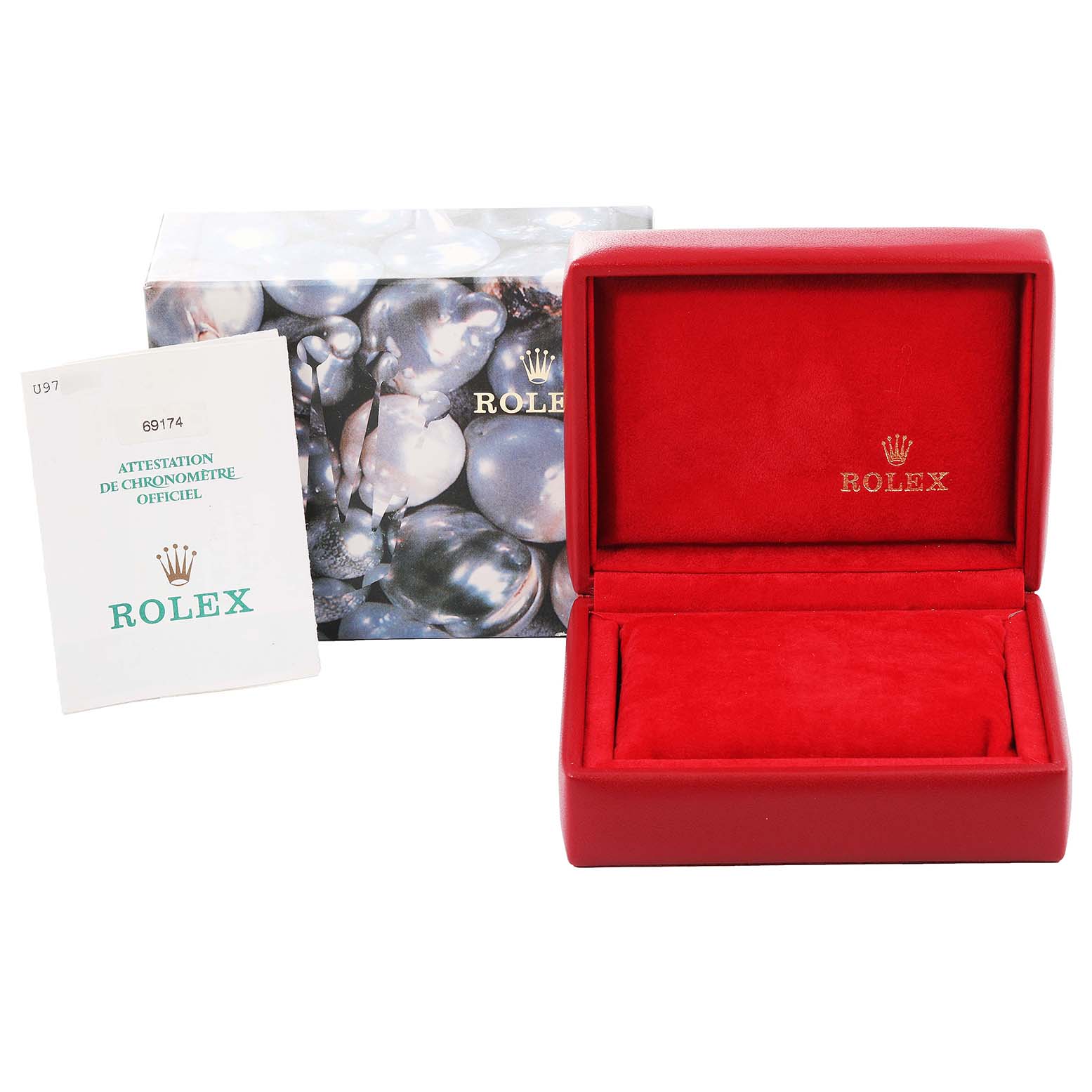 The image shows the open red Rolex watch box for the Datejust model, with the outer box and an instruction booklet.