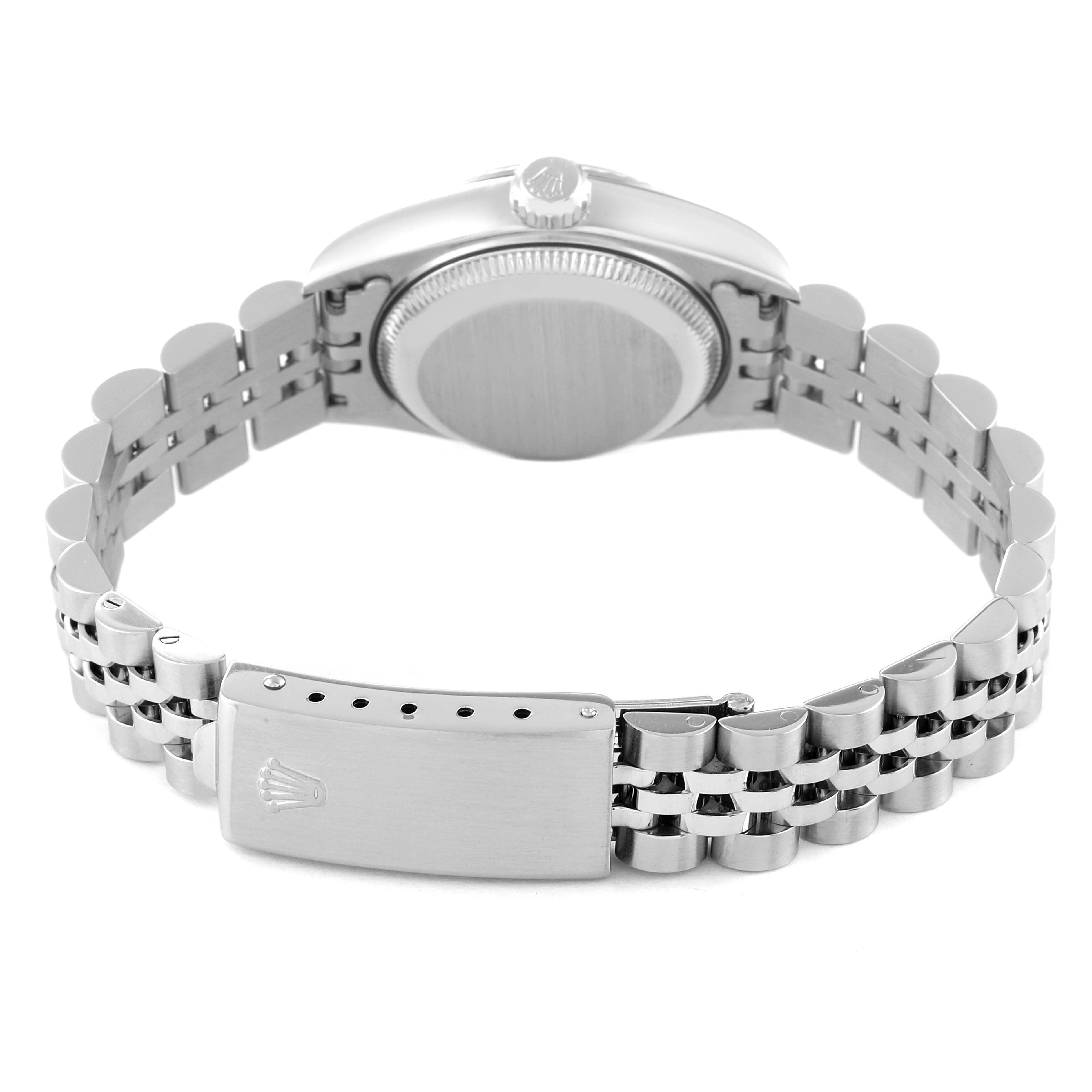 The image shows the back view of a Rolex Datejust 69174 Women's Stainless Steel Silver Dial 69174 Women's Stainless Steel Silver Dial watch, highlighting its bracelet, clasp, case back, and crown.