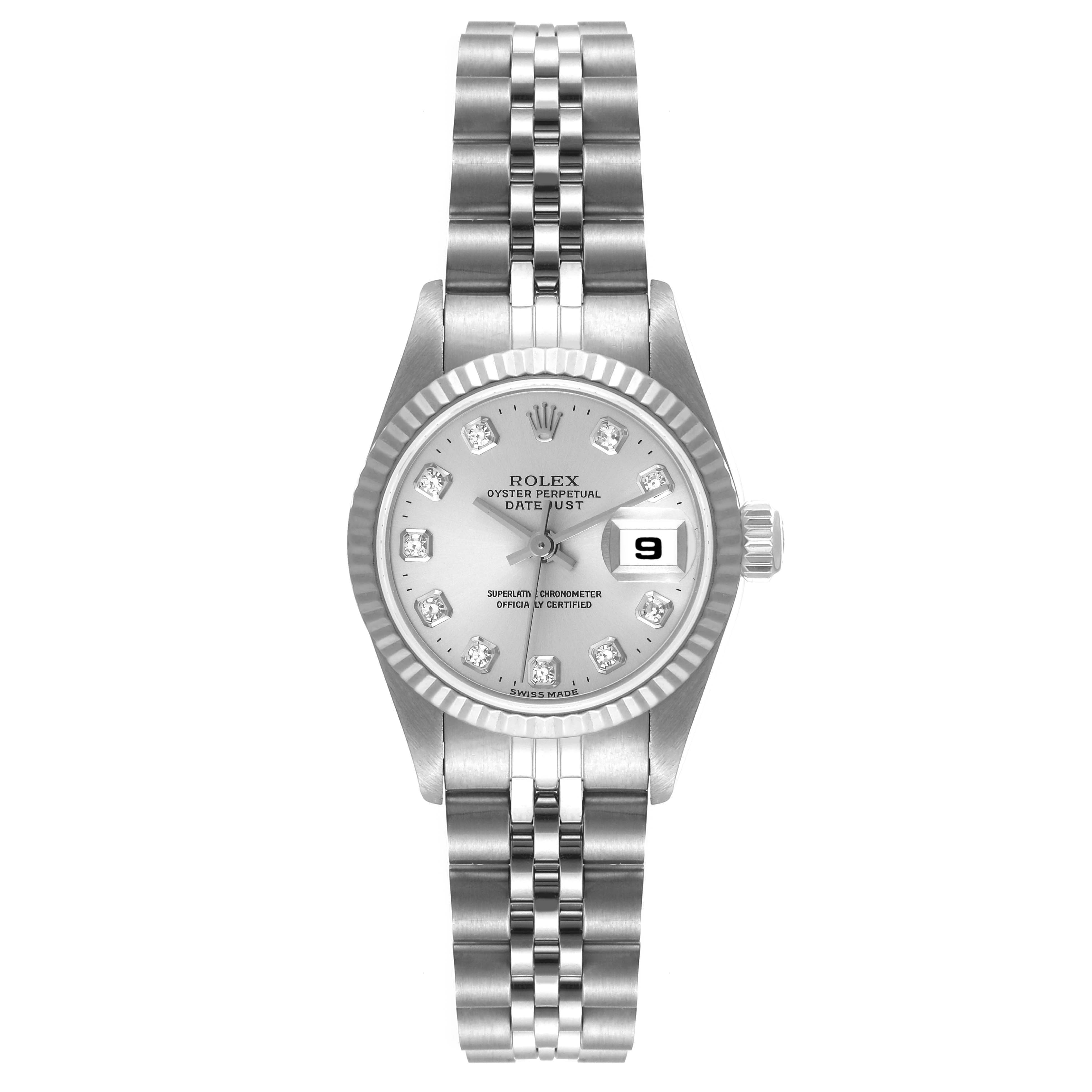 The image shows a frontal view of the Rolex Datejust 69174 Women's Stainless Steel Silver Dial 69174 Women's Stainless Steel Silver Dial watch, displaying its face, bracelet, and date window.