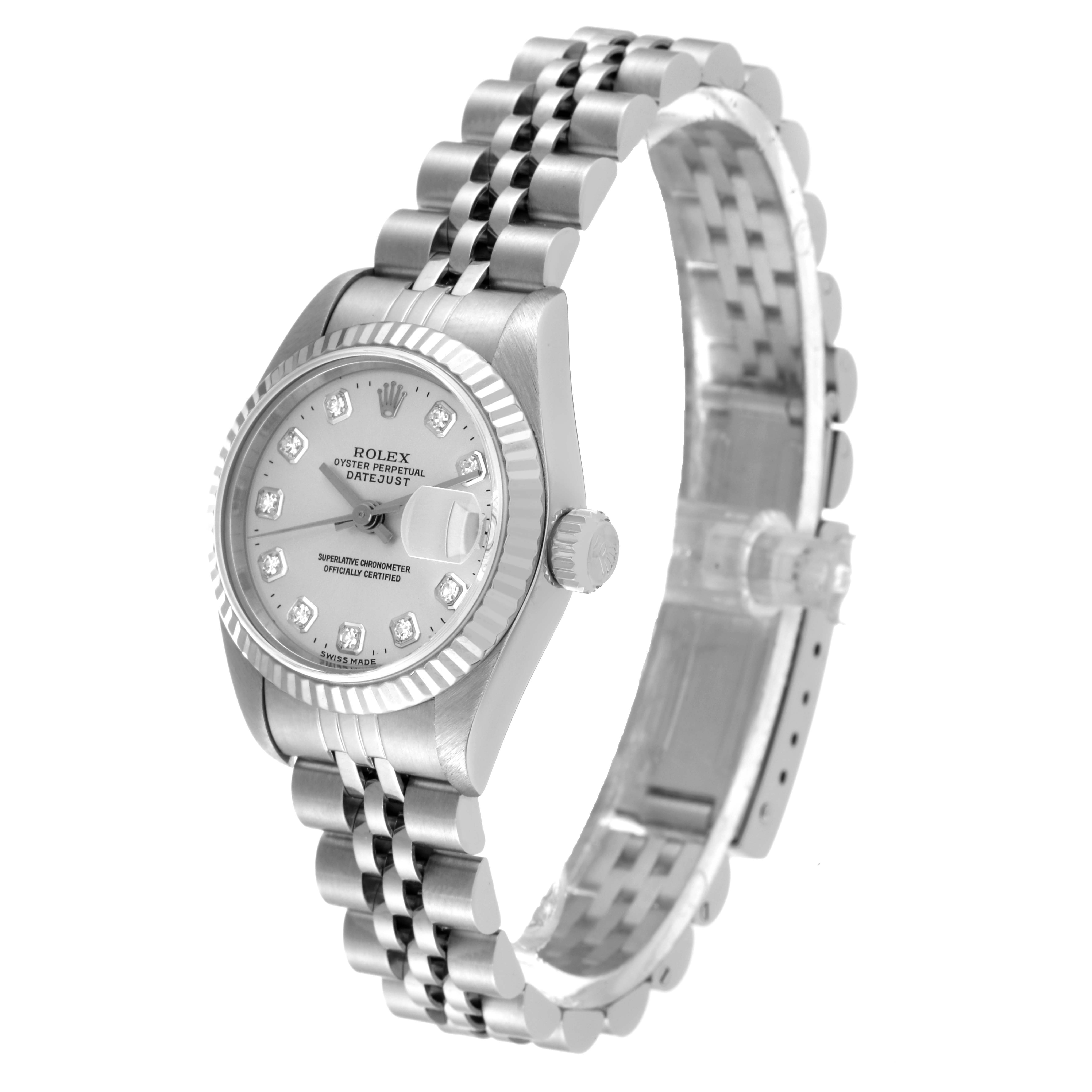 The image shows a Rolex Datejust 69174 Women's Stainless Steel Silver Dial 69174 Women's Stainless Steel Silver Dial watch angled to highlight the face, bezel, crown, and part of the bracelet.