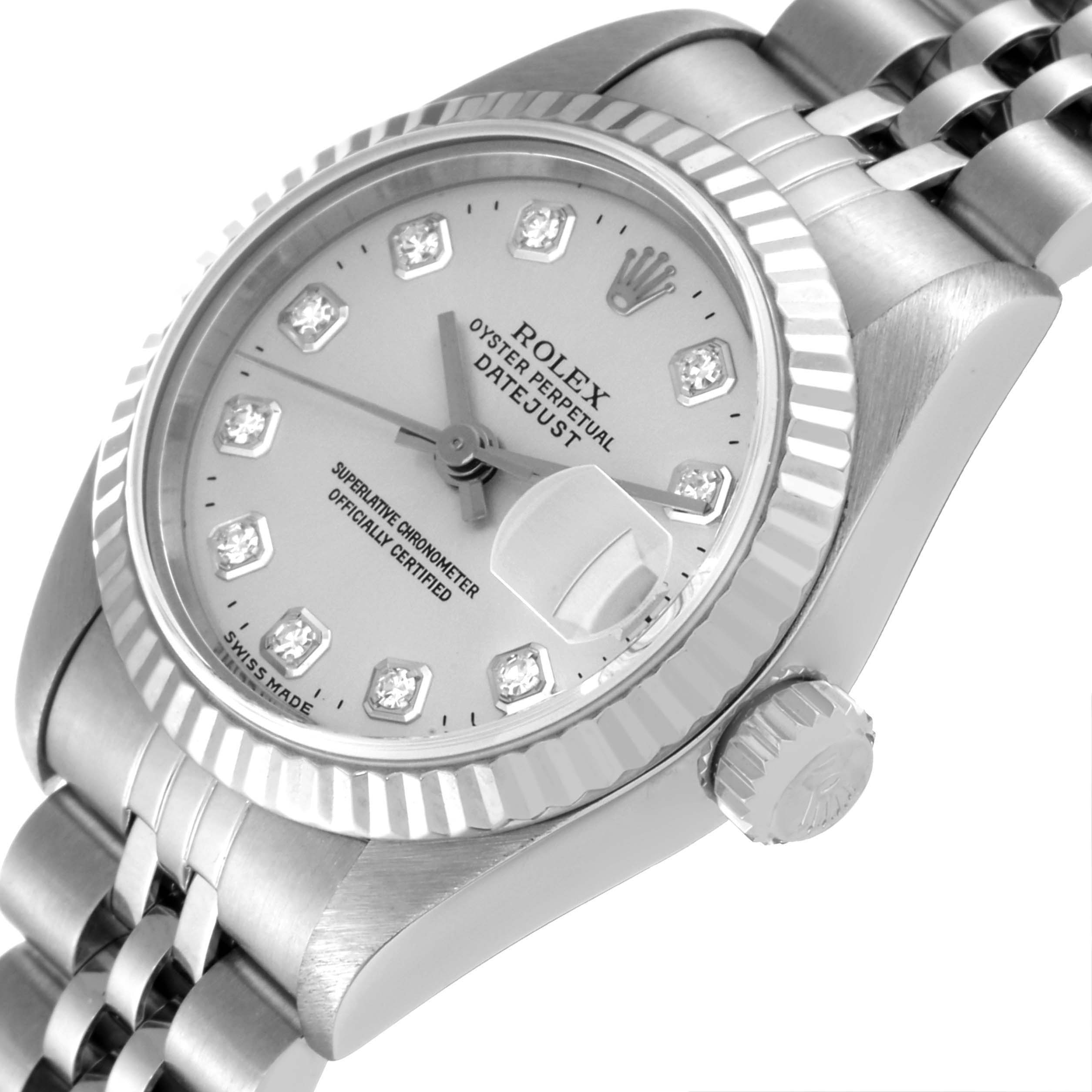 The image shows a Rolex Datejust 69174 Women's Stainless Steel Silver Dial 69174 Women's Stainless Steel Silver Dial watch from a close-up angle, highlighting the dial, crown, and part of the bracelet.