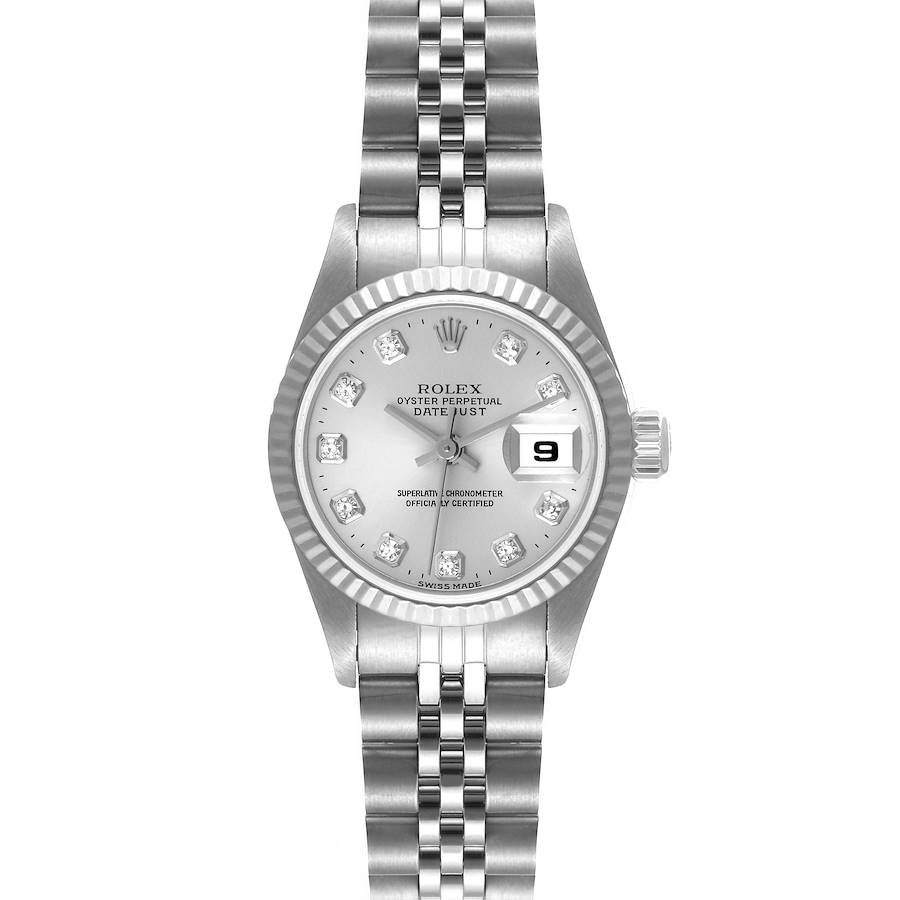 This image shows a frontal view of a Rolex Datejust watch, highlighting its dial, bezel, and bracelet.