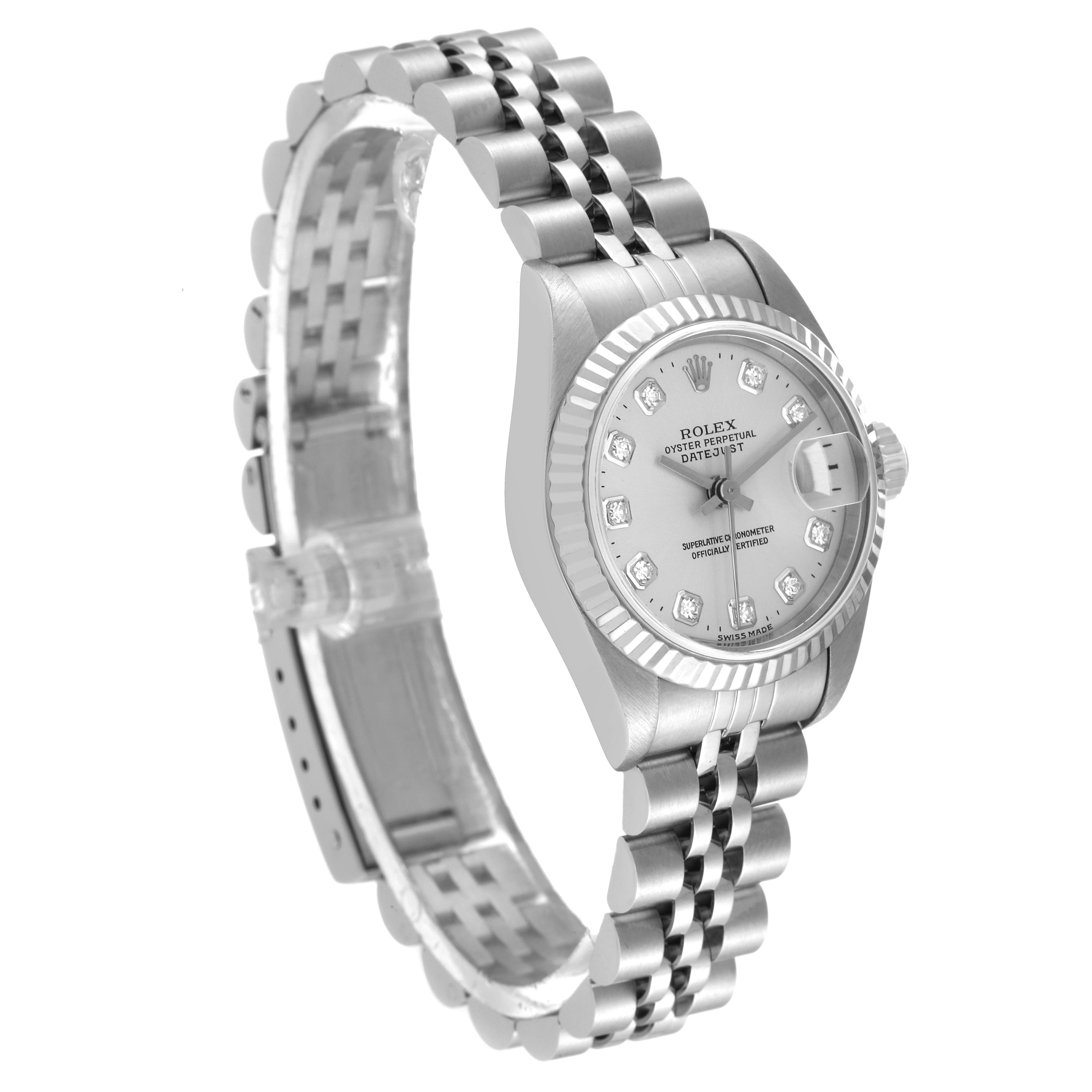 The image shows a Rolex Datejust 69174 Women's Stainless Steel Silver Dial 69174 Women's Stainless Steel Silver Dial watch from an angled side view, displaying the bracelet, dial, and case.