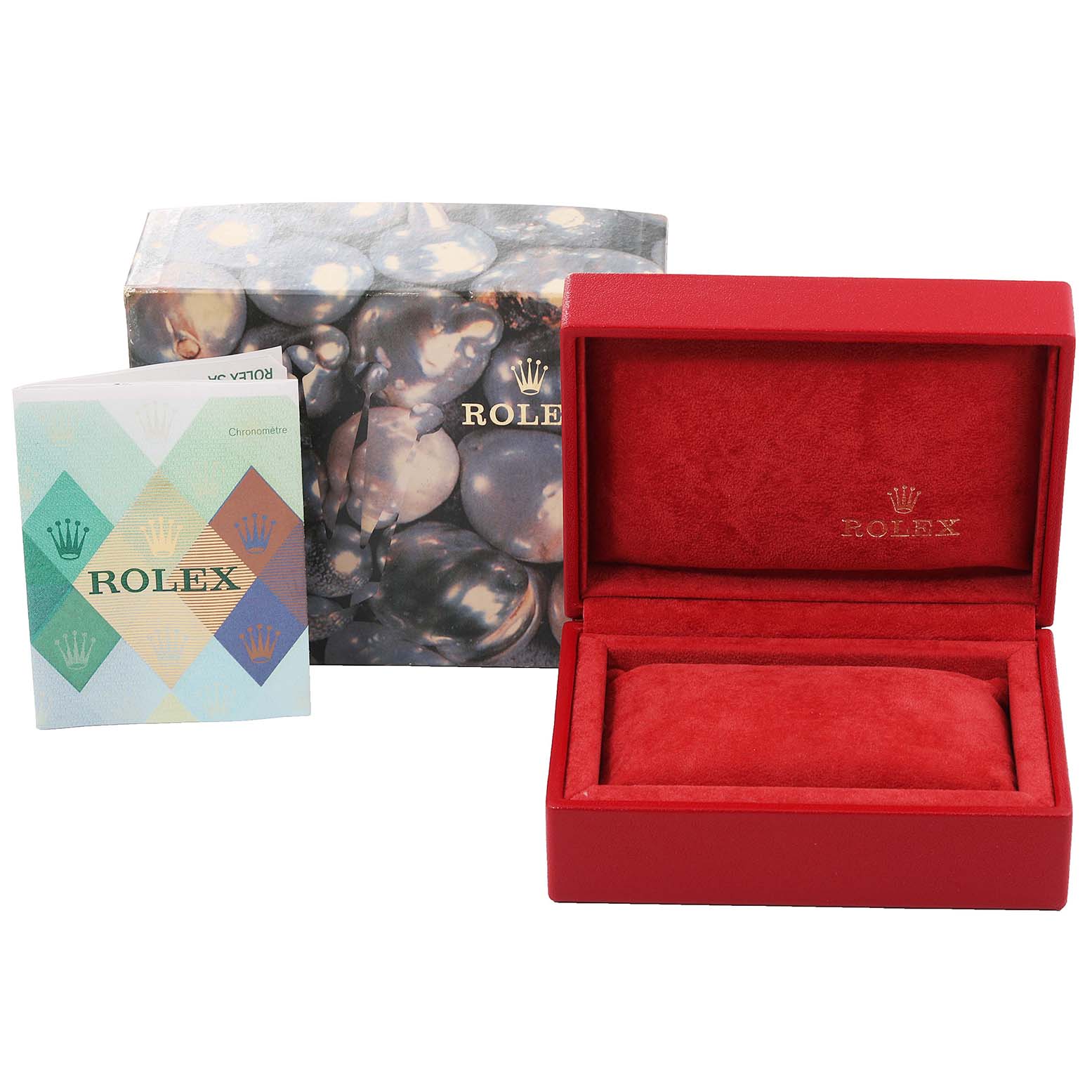 The image shows a Rolex Datejust 79174 Women's Stainless Steel Silver Dial 79174 Women's Stainless Steel Silver Dial watch box, outer packaging, and a booklet from a straight-on angle.