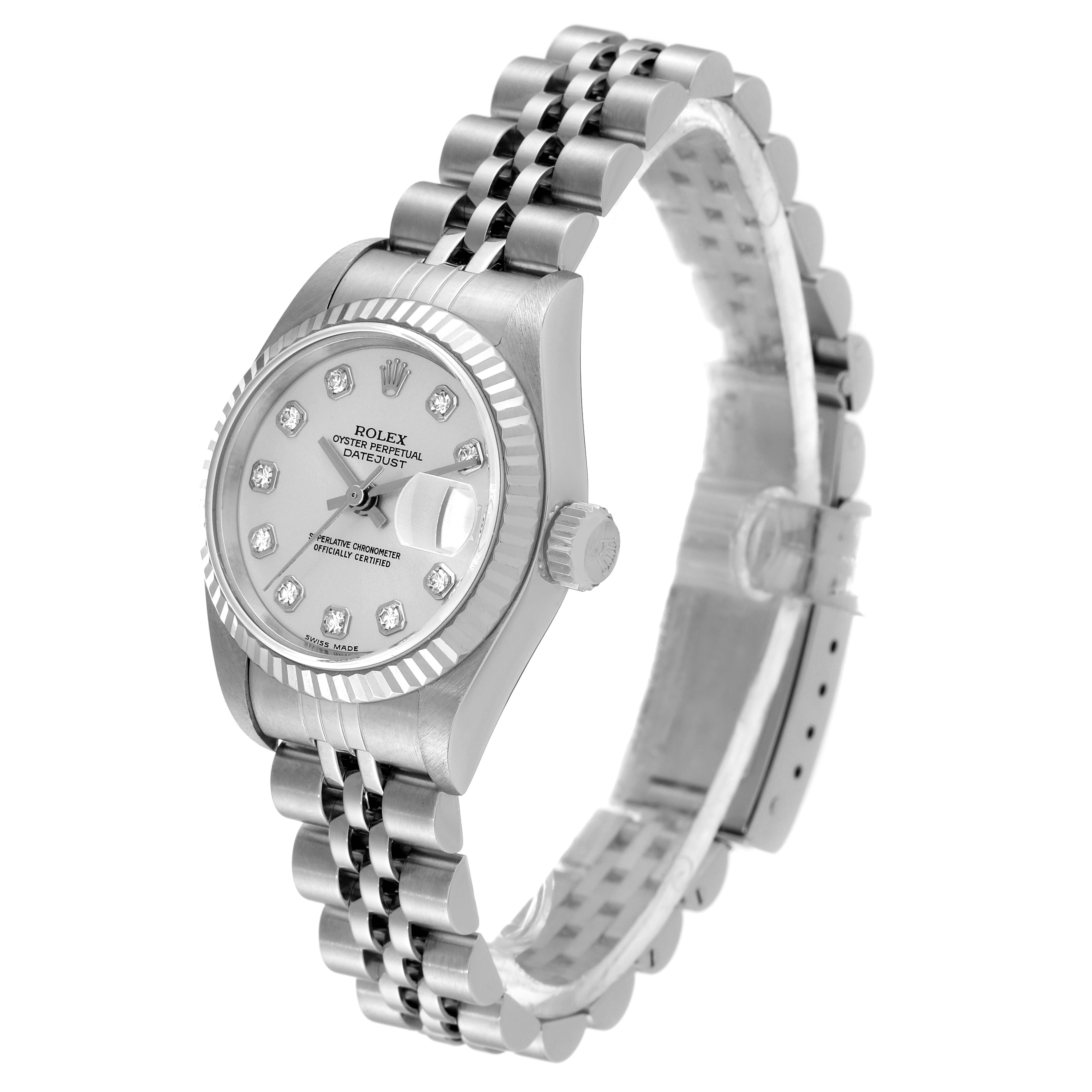 The image shows a Rolex Datejust 79174 Women's Stainless Steel Silver Dial 79174 Women's Stainless Steel Silver Dial watch from a front-left angle, highlighting the watch face, crown, and jubilee bracelet.