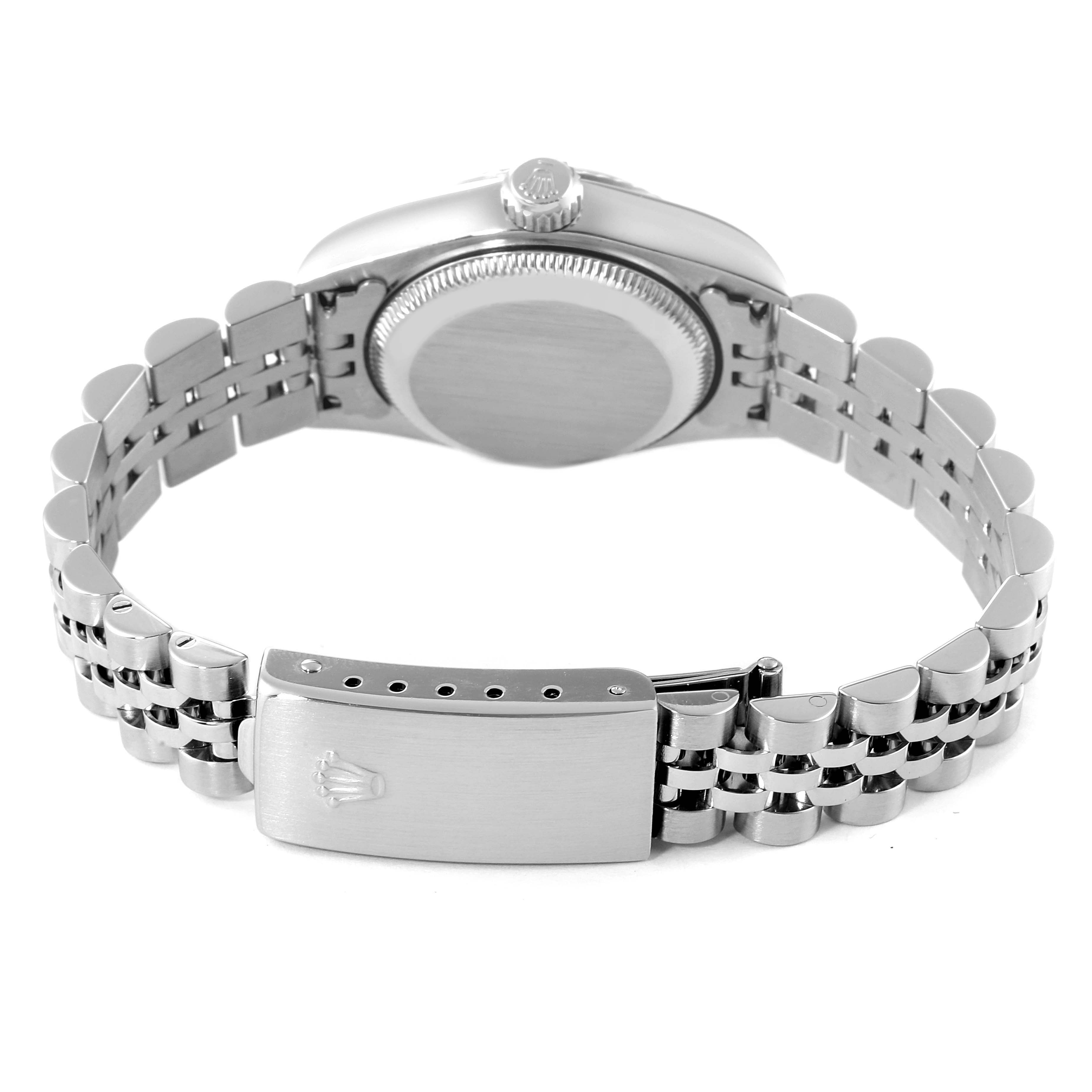 The image shows the back of a Rolex Datejust 79174 Women's Stainless Steel Silver Dial 79174 Women's Stainless Steel Silver Dial watch, highlighting the bracelet, clasp, and caseback.