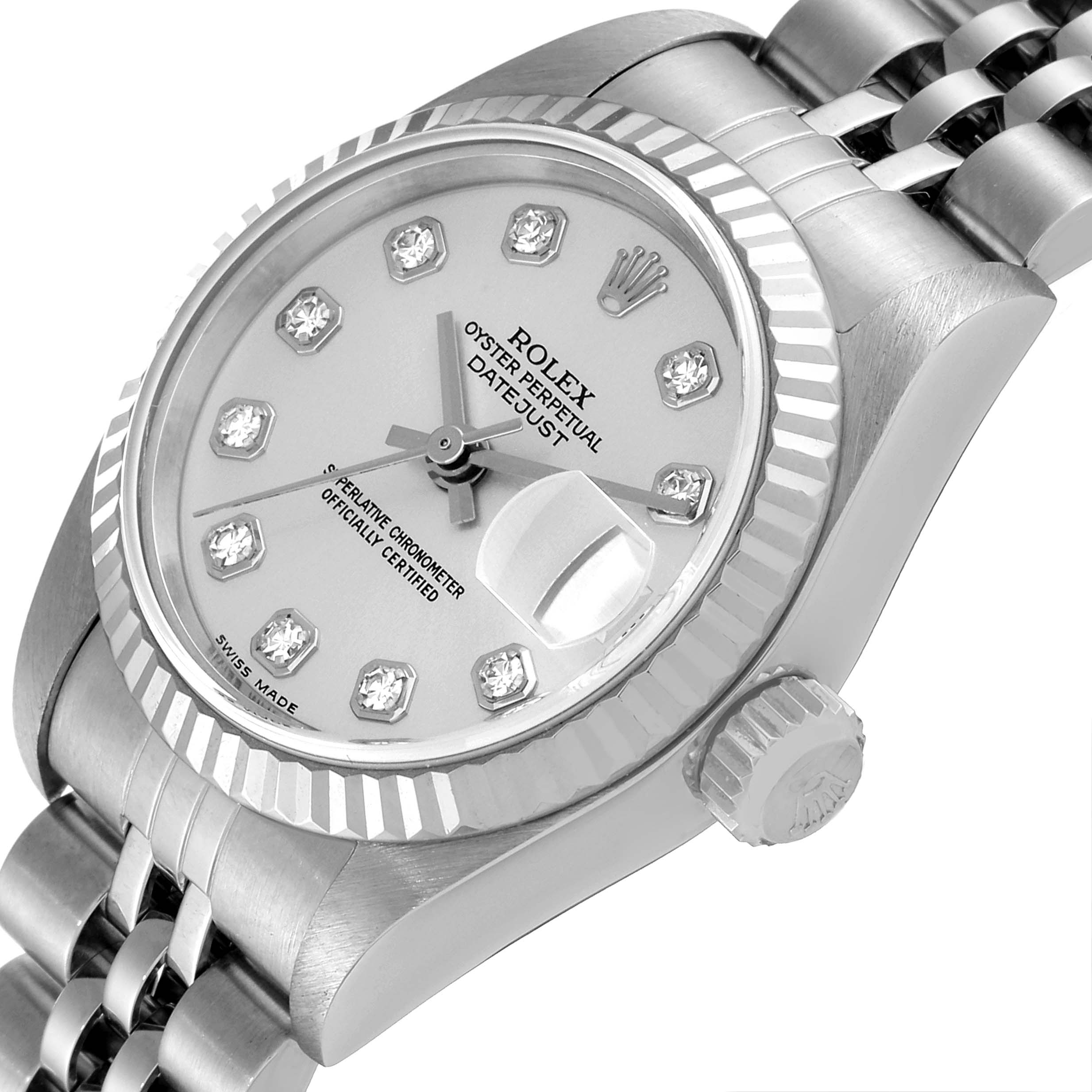 The image shows a close-up of a Rolex Datejust 79174 Women's Stainless Steel Silver Dial 79174 Women's Stainless Steel Silver Dial watch, highlighting its dial, bezel, and part of the bracelet from an angled view.