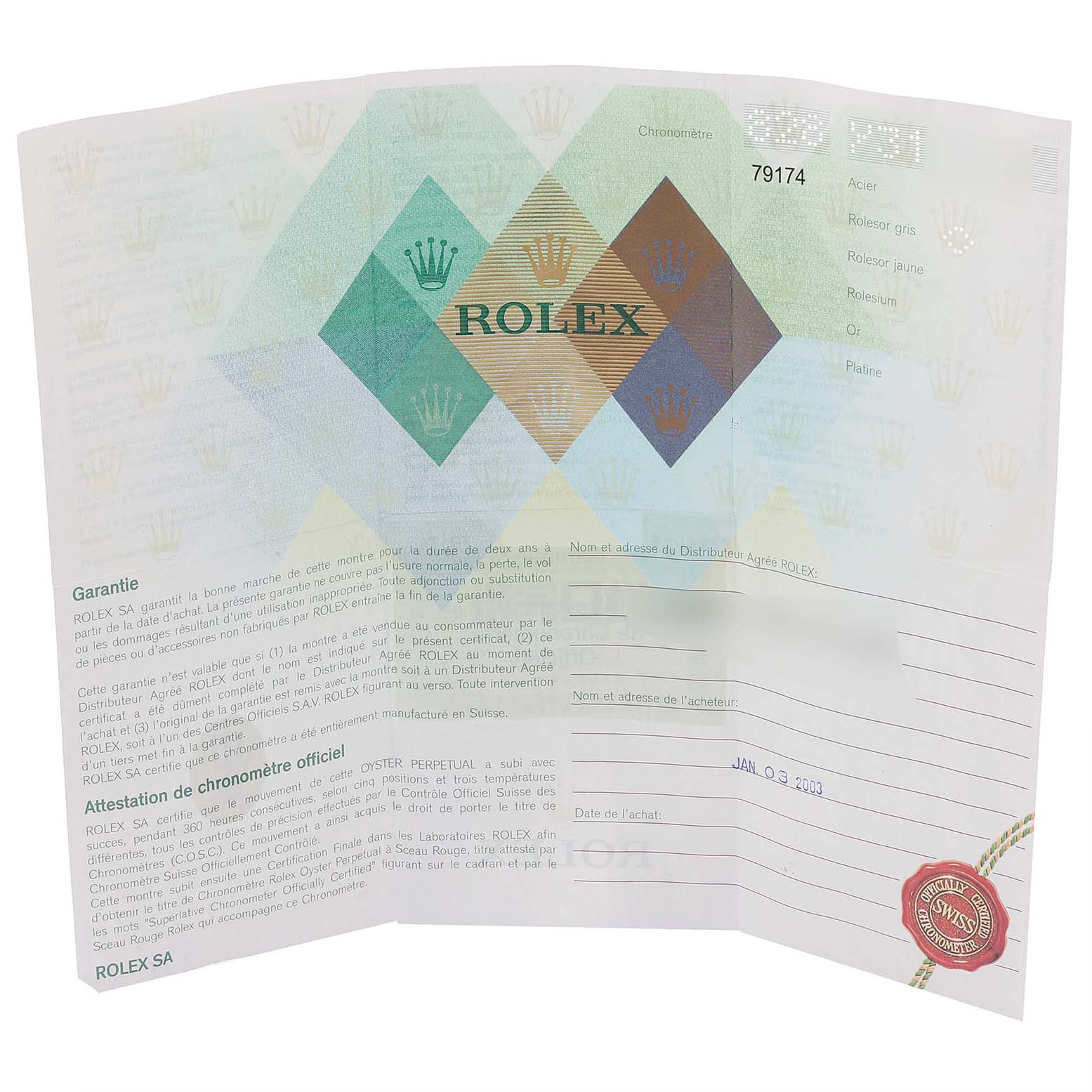 The image shows a Rolex Datejust 79174 Women's Stainless Steel Silver Dial 79174 Women's Stainless Steel Silver Dial model warranty and certification document unfolded, displaying written details and brand logos.