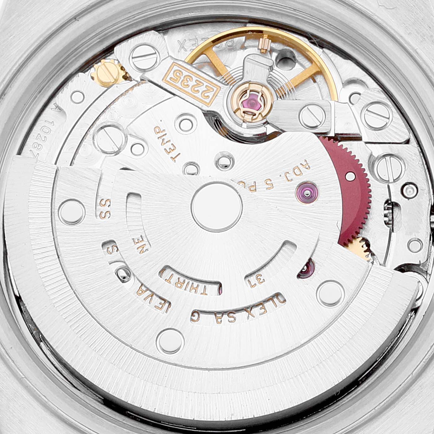 The image shows the back view of the movement mechanism in a Rolex Datejust 79174 Women's Stainless Steel Silver Dial 79174 Women's Stainless Steel Silver Dial watch.